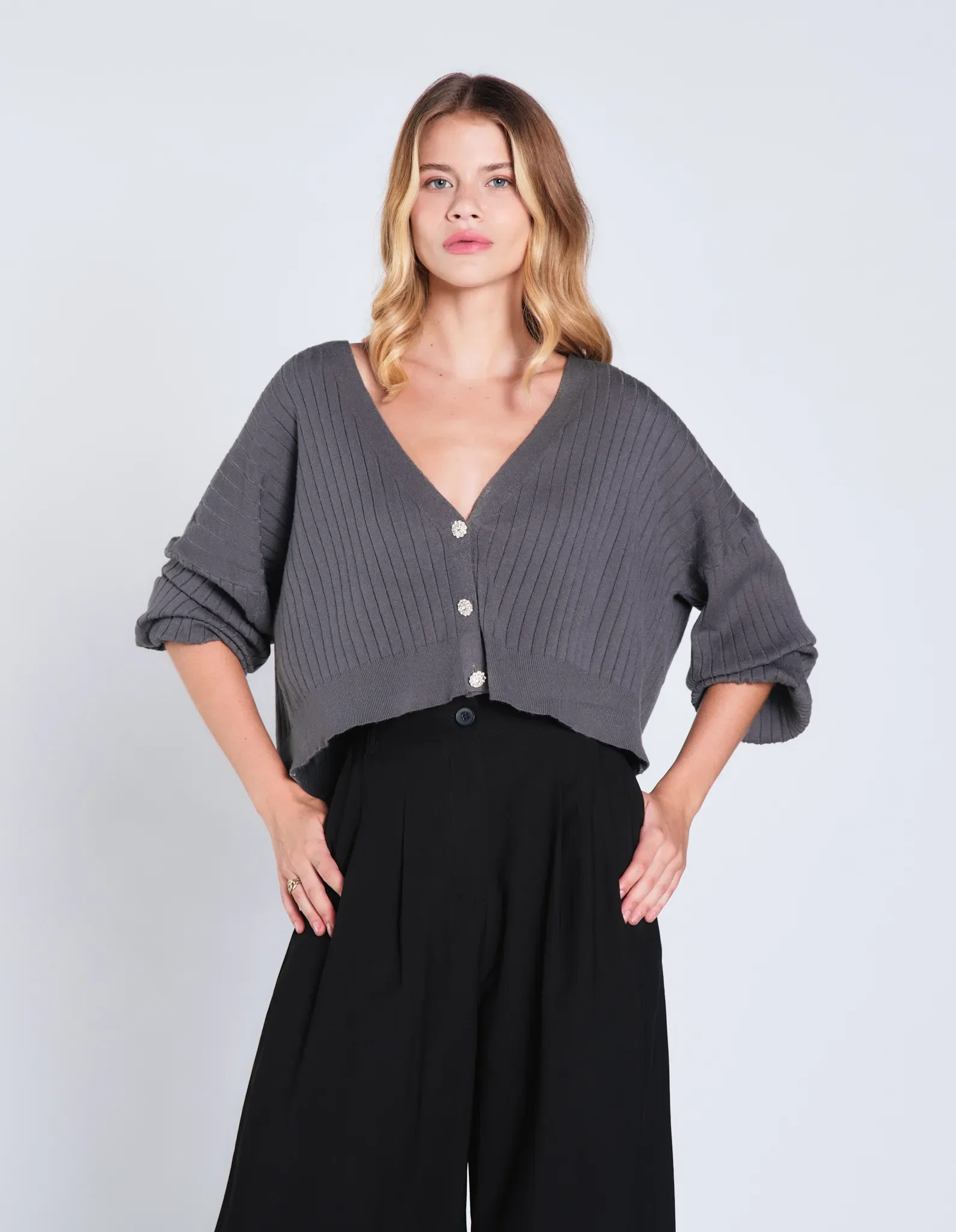 Cardigan Canelado Manga Ampla - Chumbo — imagem 1