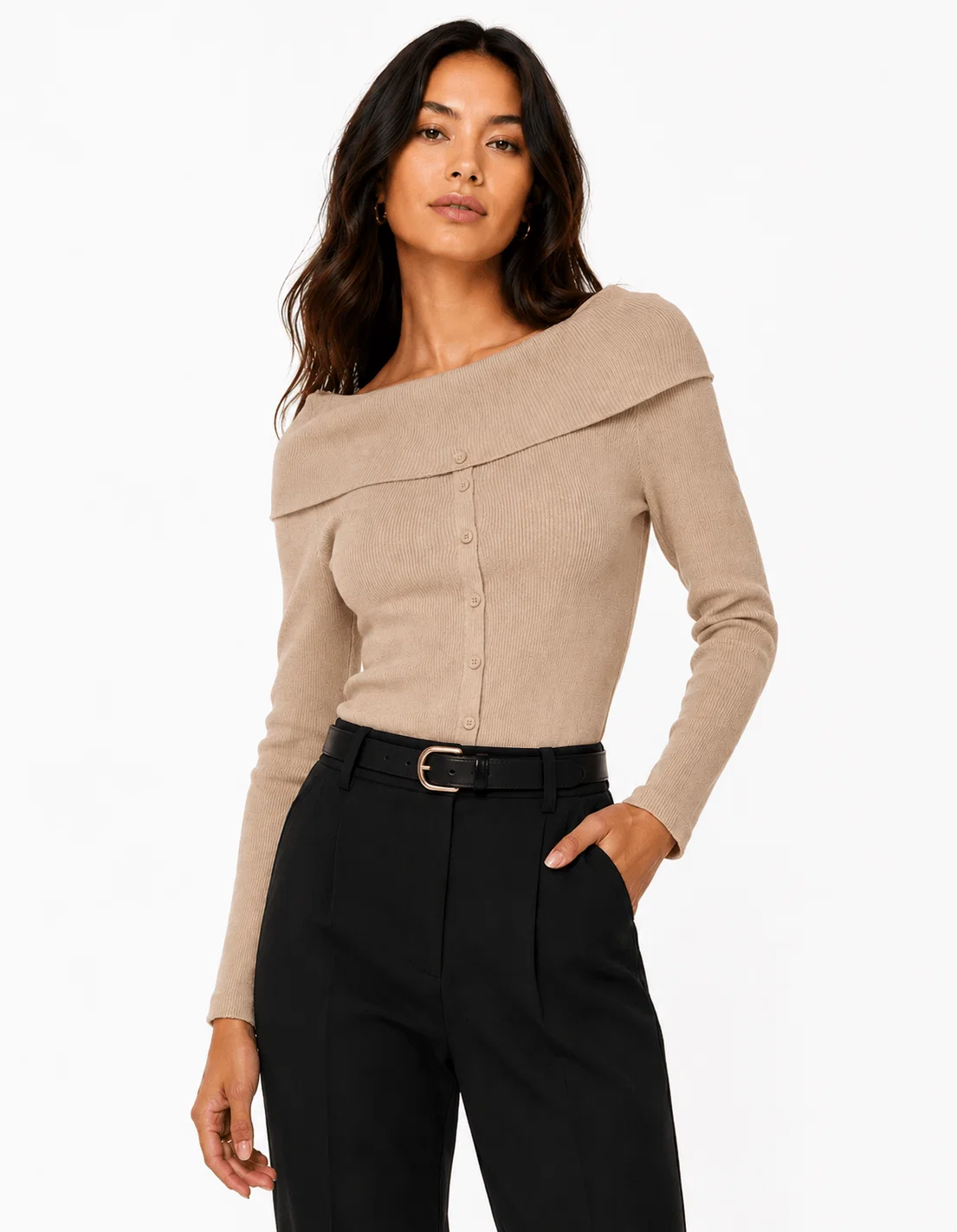 Blusa Tricot Gola Dobrada - Bege