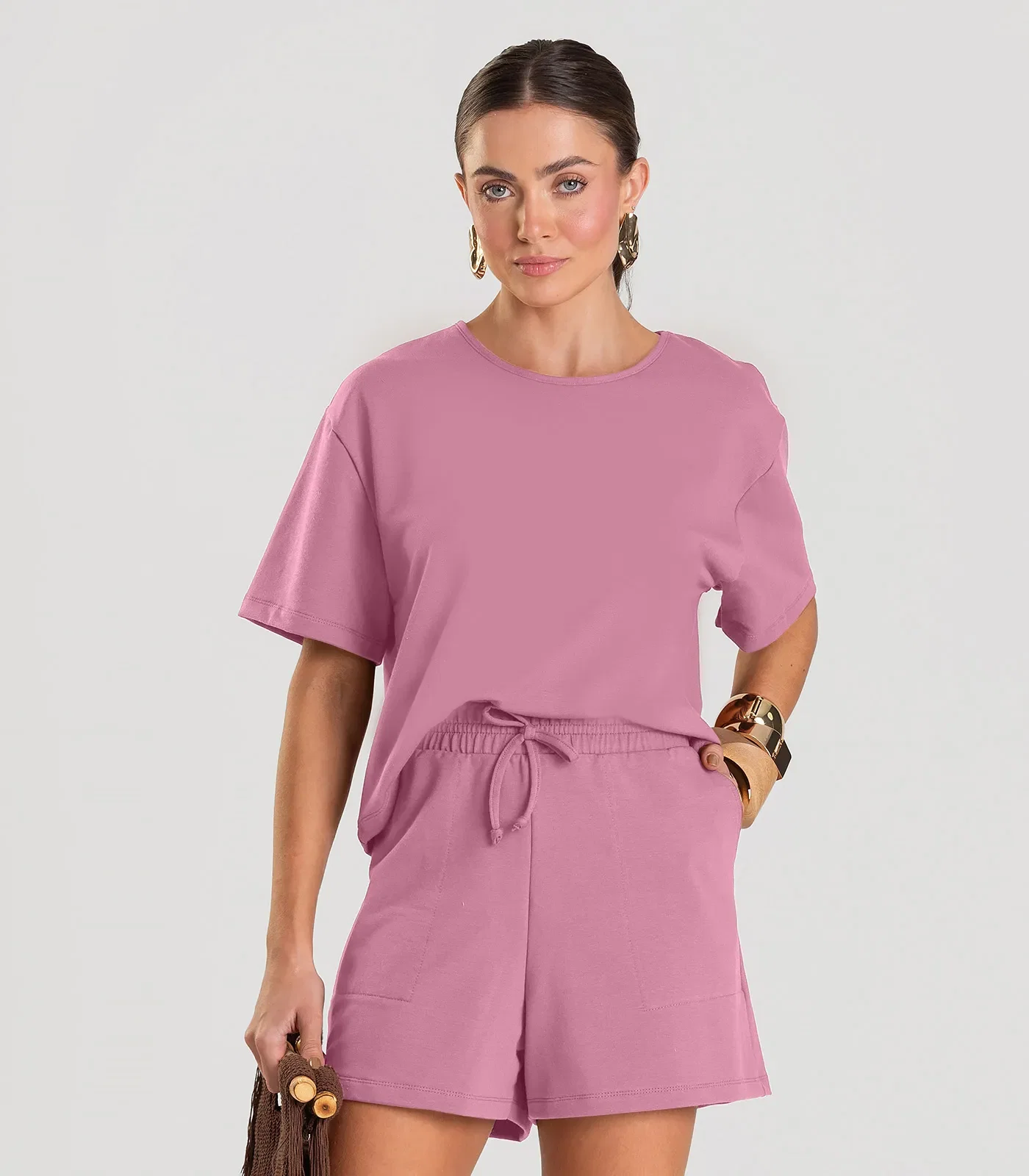 Conjunto Feminino Blusa Com Shorts Dianna Rosa