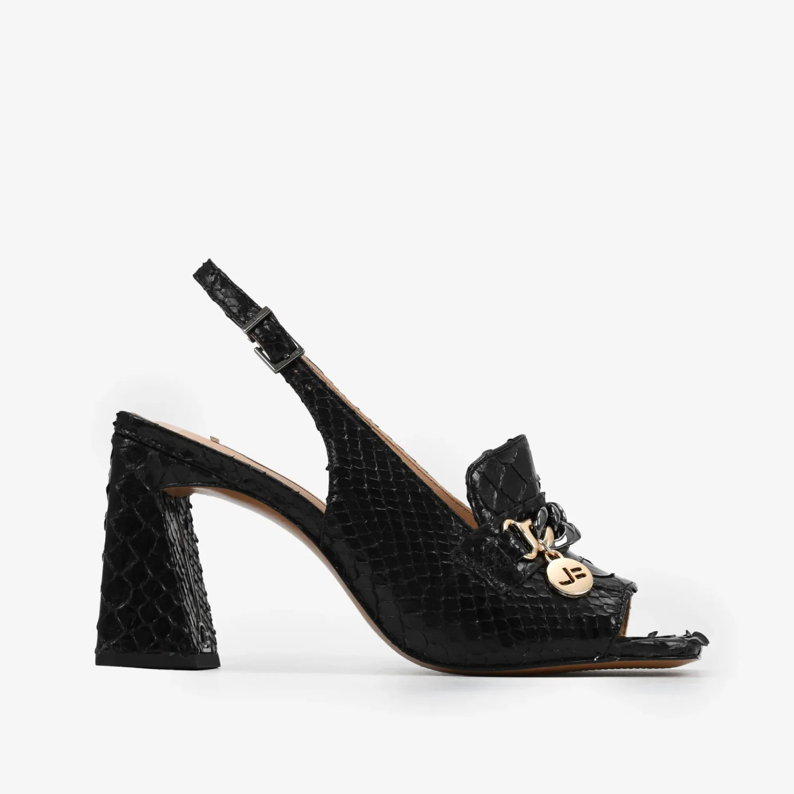 Sandália Salto Bloco Preto Pele Cobra Python