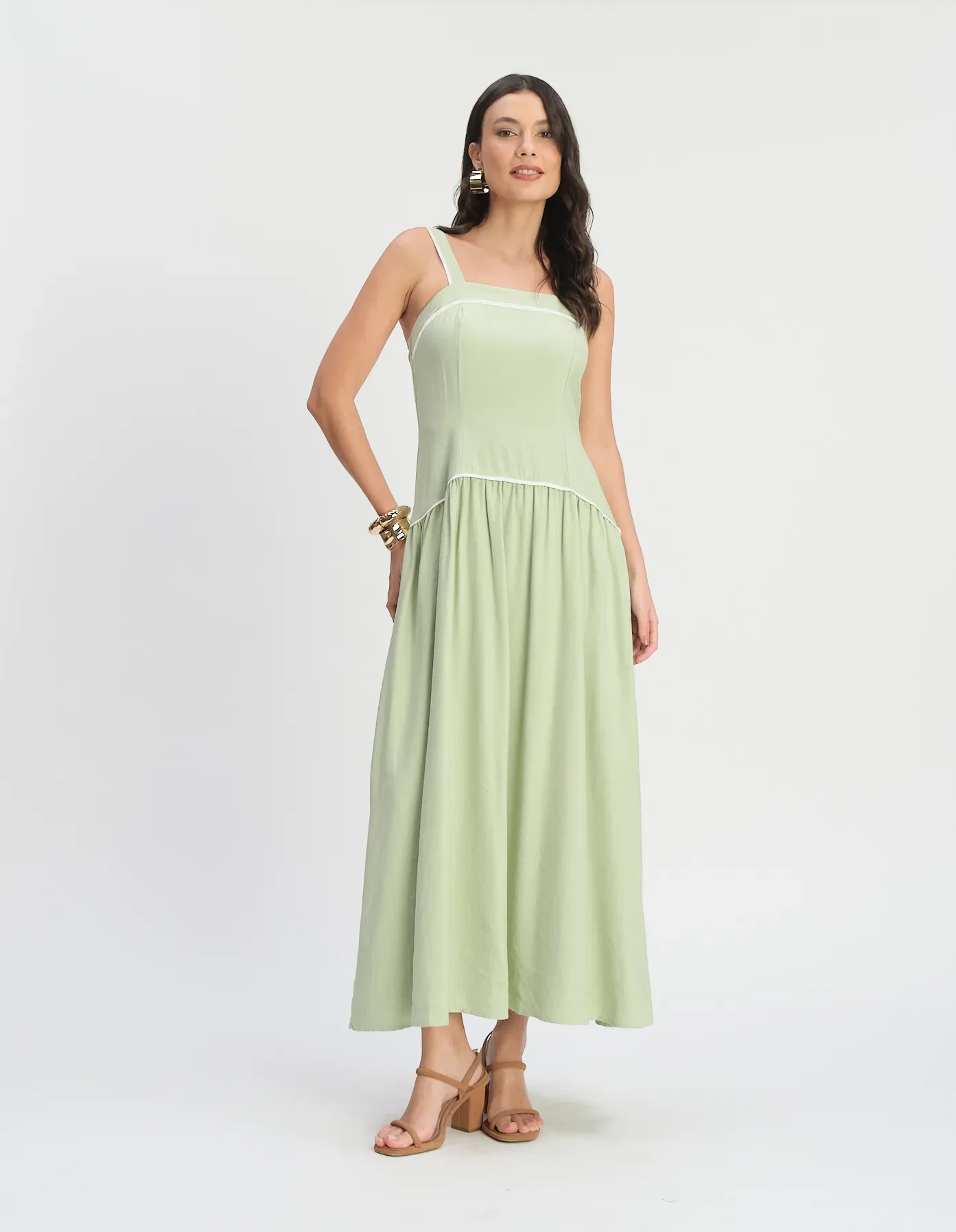 Vestido Longo Cintura Deslocada Vivos - Verde Claro — imagem 1