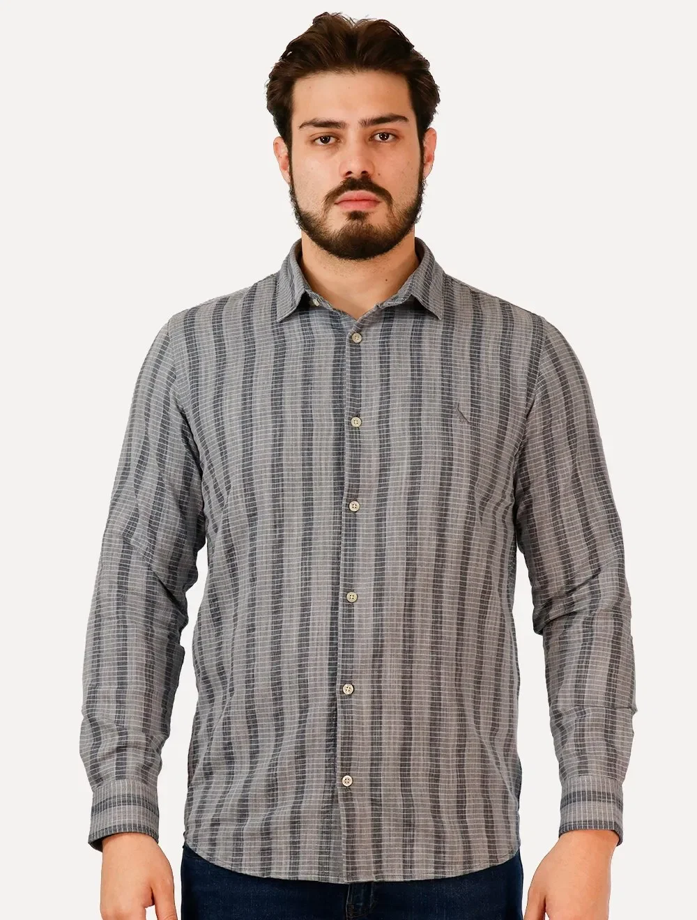 Camisa Reserva Masculina Linho Listras Kame Melange Azul Marinho