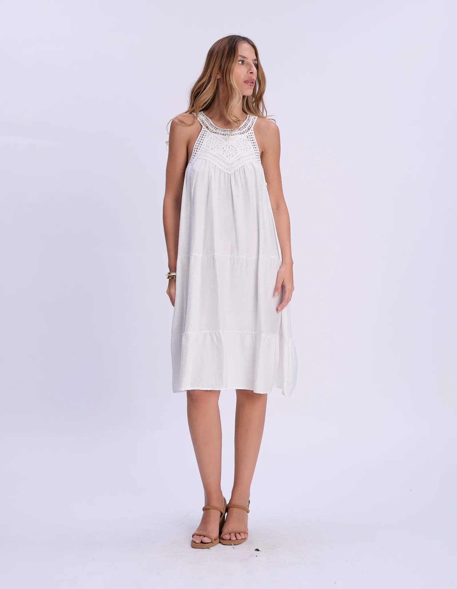 Vestido Curto Detalhe Pala Renda - Off White