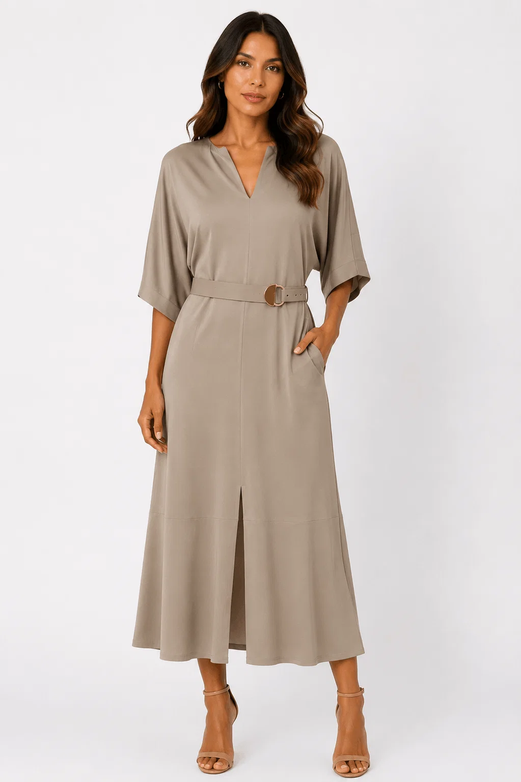 Vestido Decote v Com Cinto - Caqui