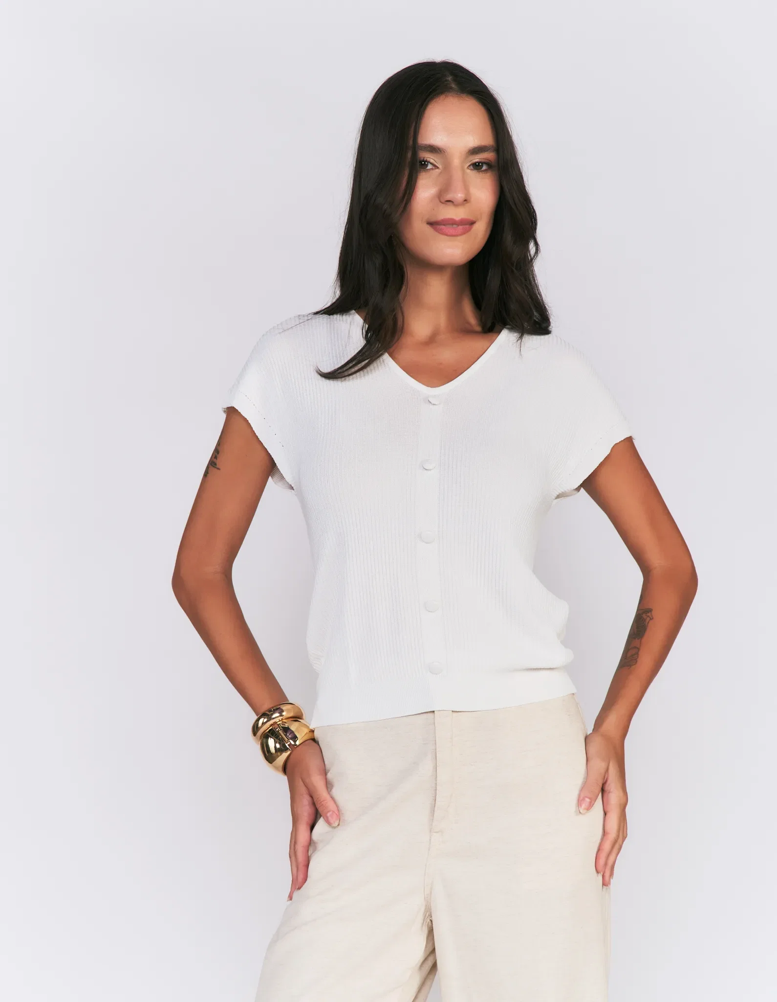 Blusa Tricot Manga Curta Com Botões - Branco