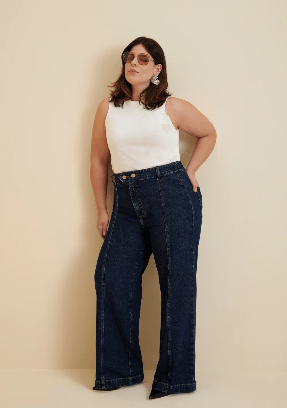 Calça Morena Rosa Wide Leg Thaila Cós Alto Detalhe Cós Jeans — imagem 1