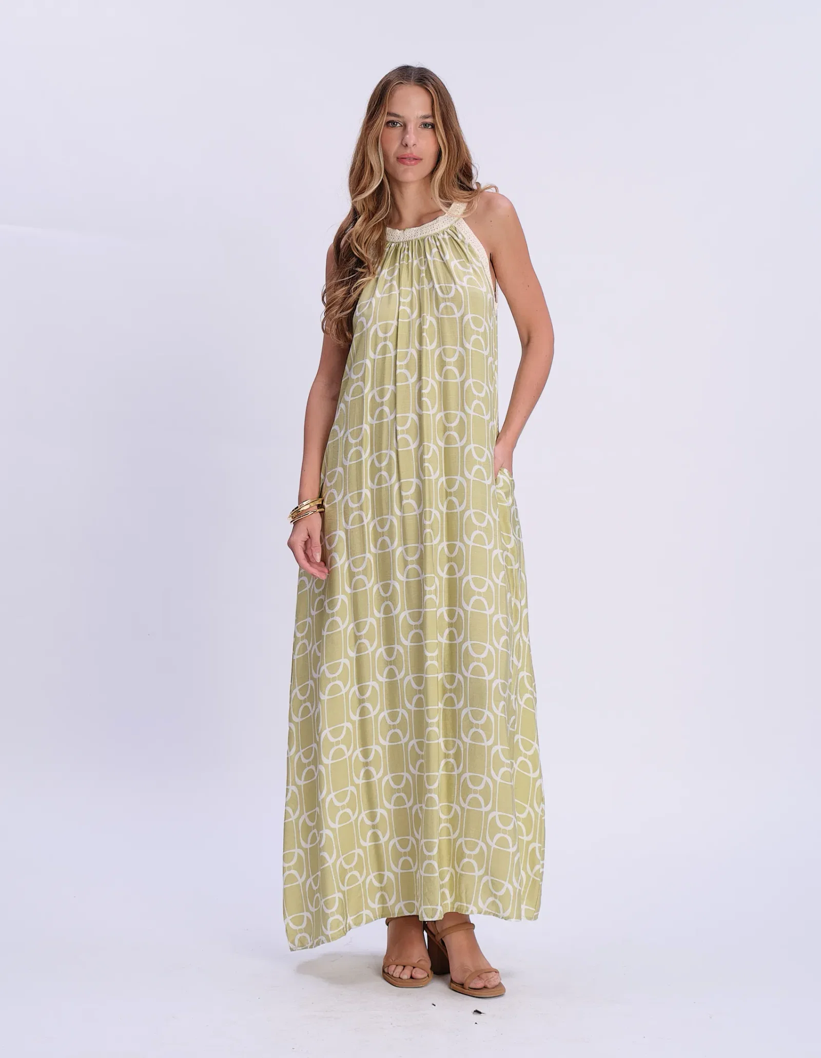 Vestido Longo Estampado Geométrico - Verde Claro — imagem 1