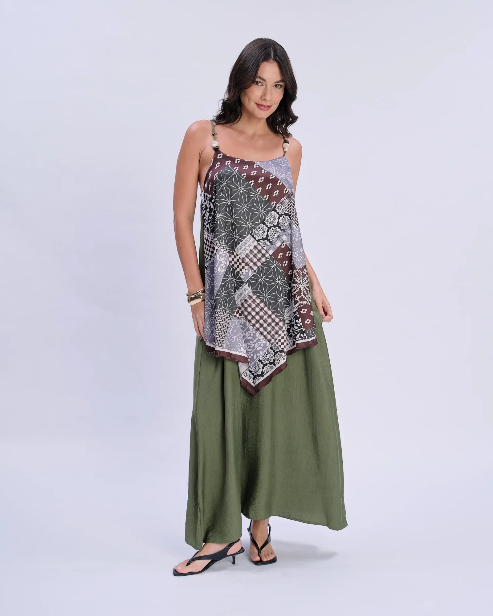 Vestido Longo Detalhe Lenço Sobreposto - Verde — imagem 1
