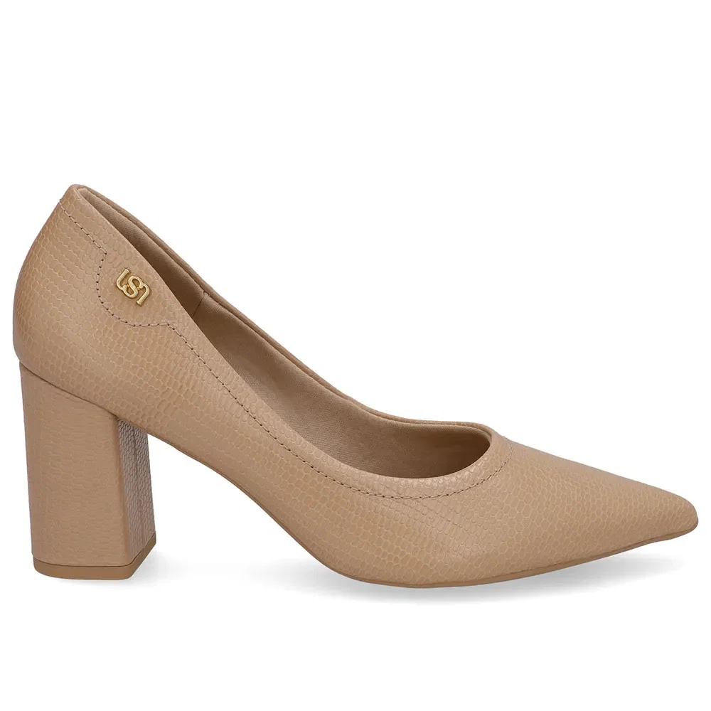 Scarpin Bege Salto Bloco Couro Bico Fino — imagem 1