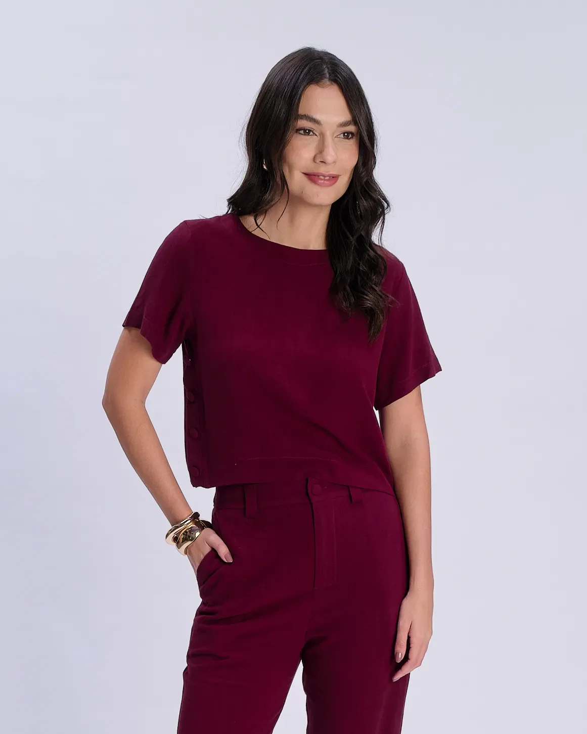 Blusa Ampla Detalhe Botões Laterais - Vinho