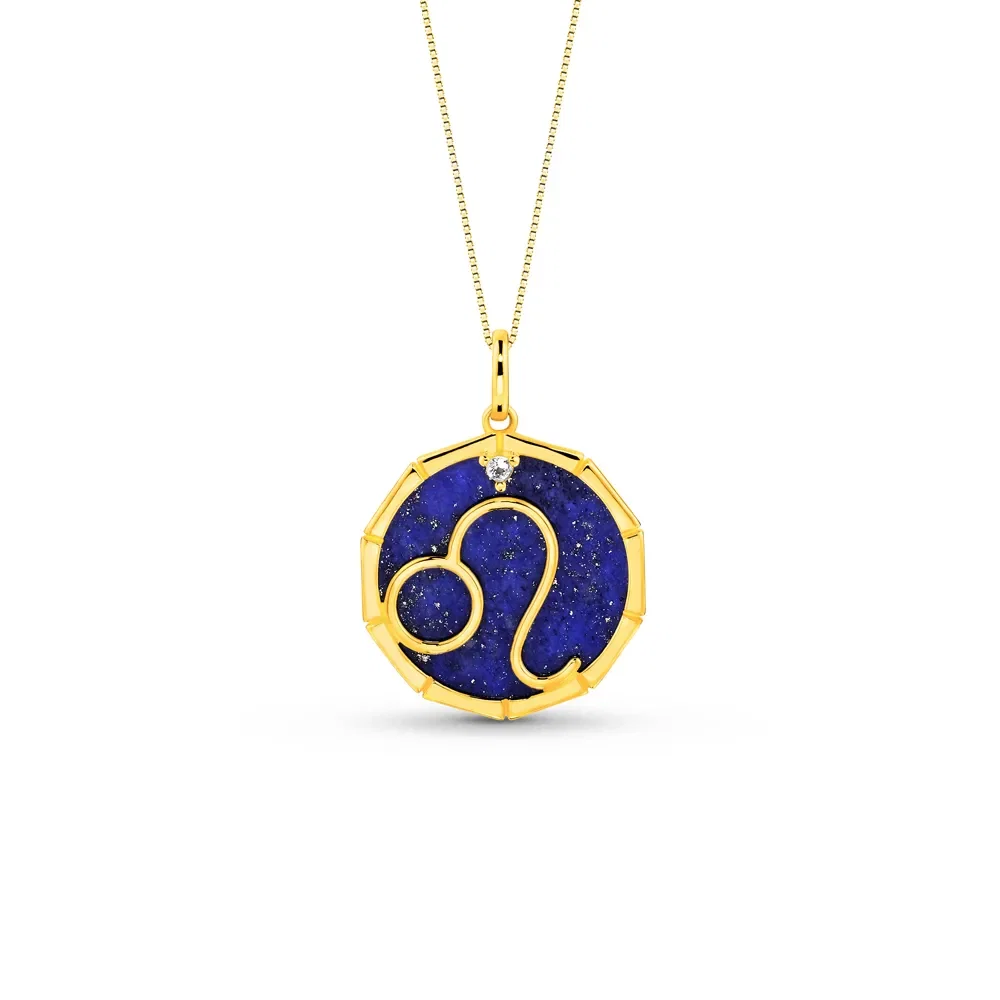 Pingente ZodíAço Leão em Ouro Amarelo 18k com Lápis Lazuli e Safira Incolor, 17mm