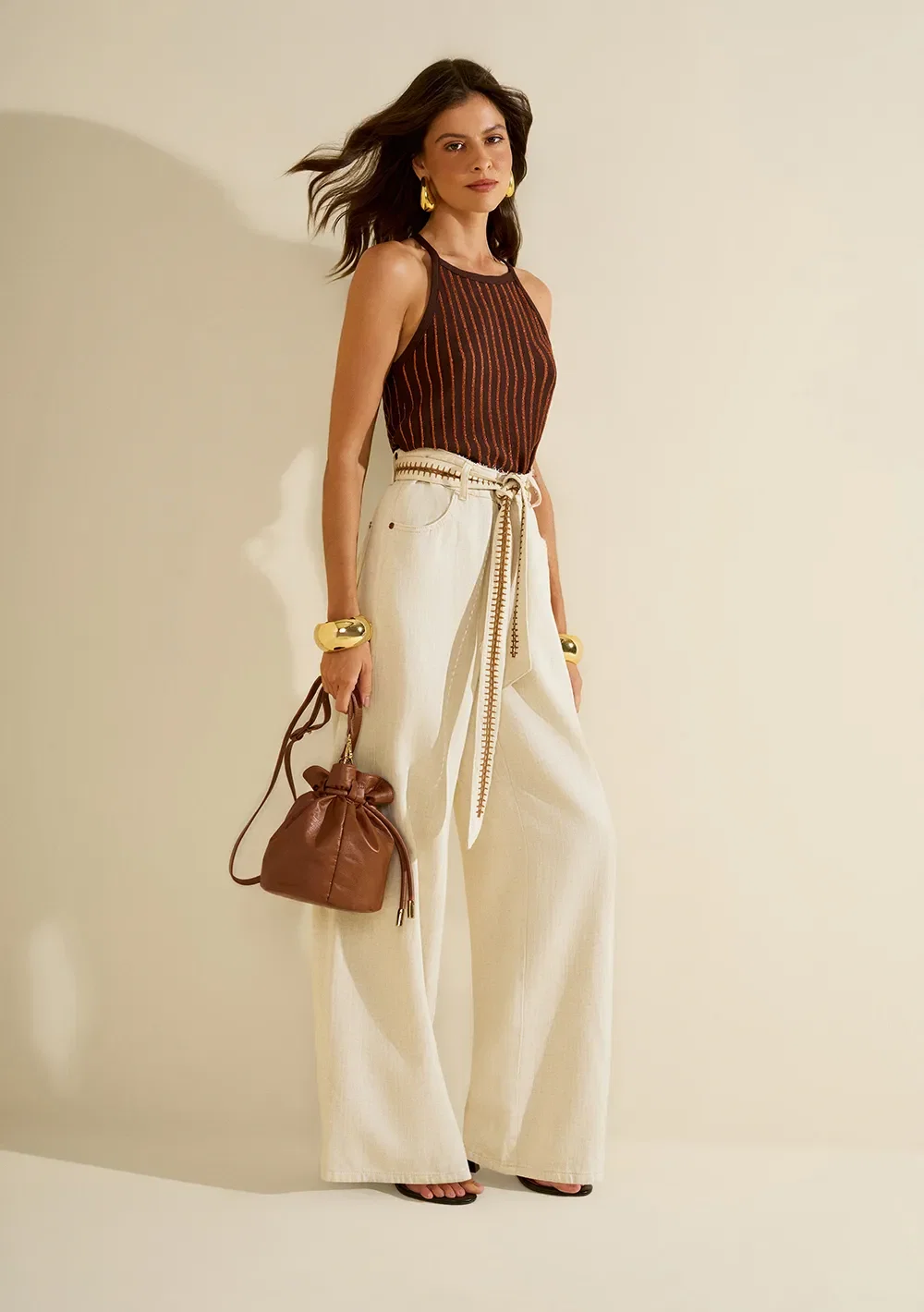 Calça Morena Rosa Pantalona Alta Bege