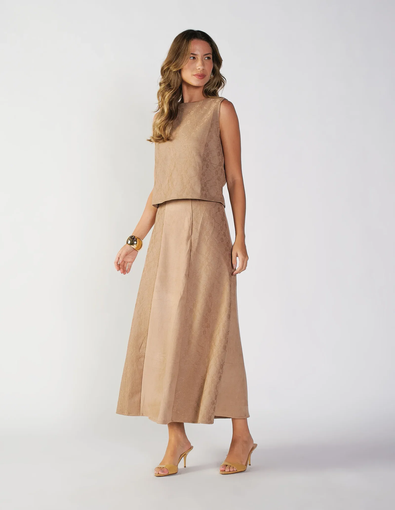 Saia Longa Suede Detalhe Renda - Caqui — imagem 1