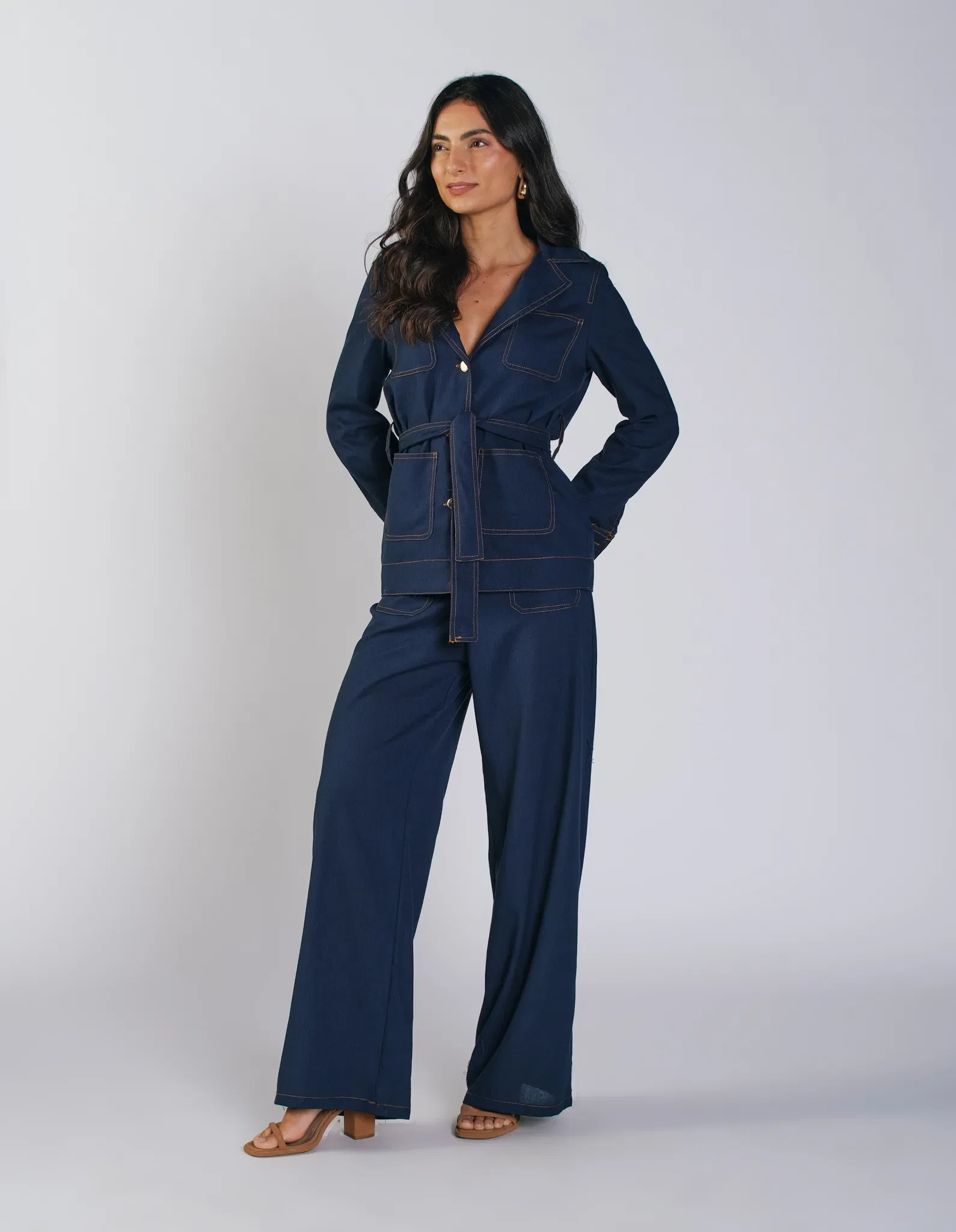 Calça Pantalona Com Pesponto - Azul