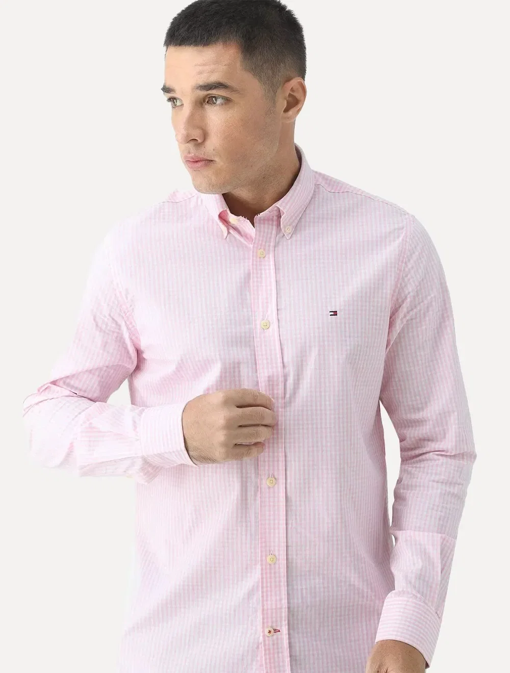 Camisa Tommy Hilfiger Masculina Xadrez Gingham Branca / Rosa Claro