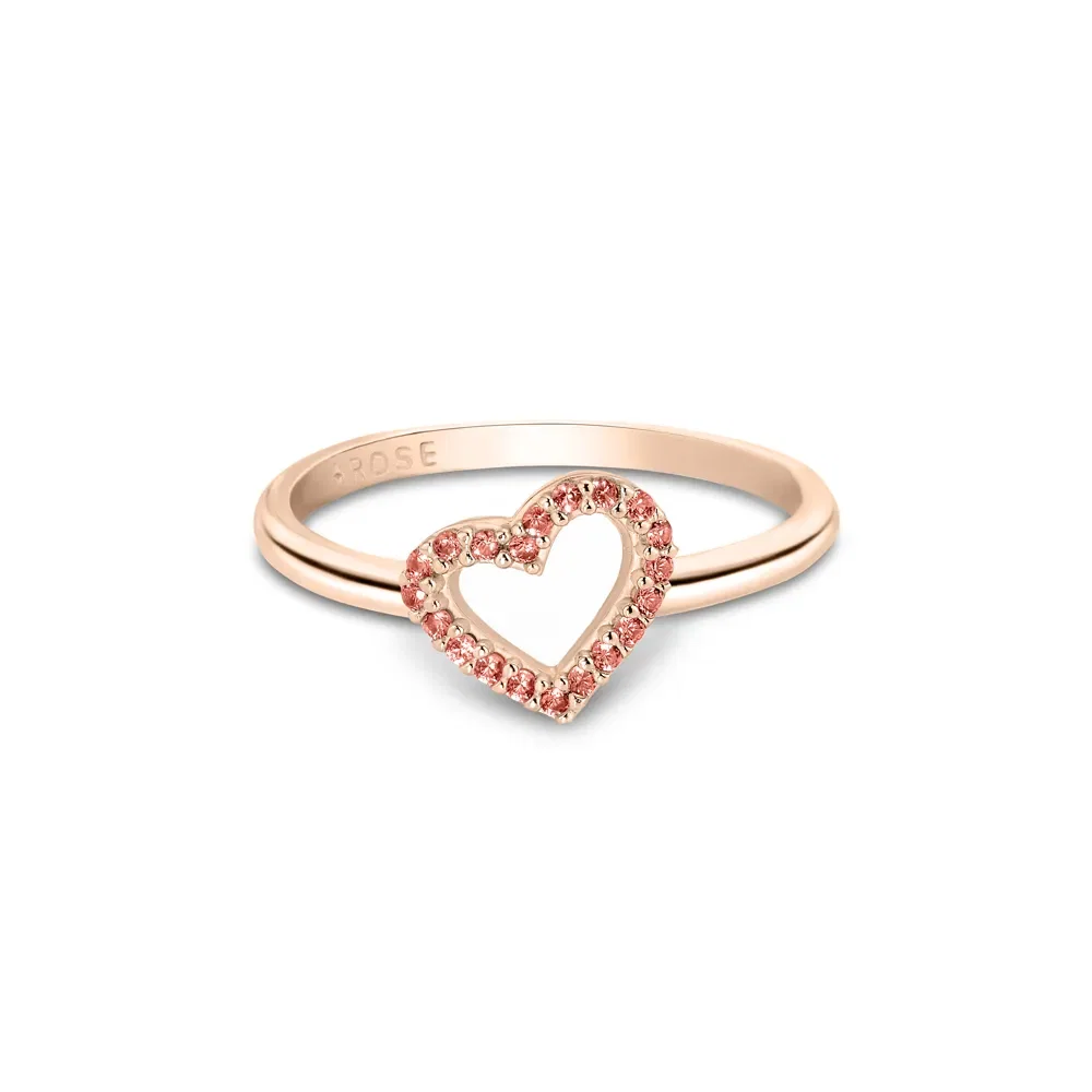 Anel Life Love Coração Vazado em Liga Rosé com Banho de Ouro Rosé 18k e Pedras Rosas