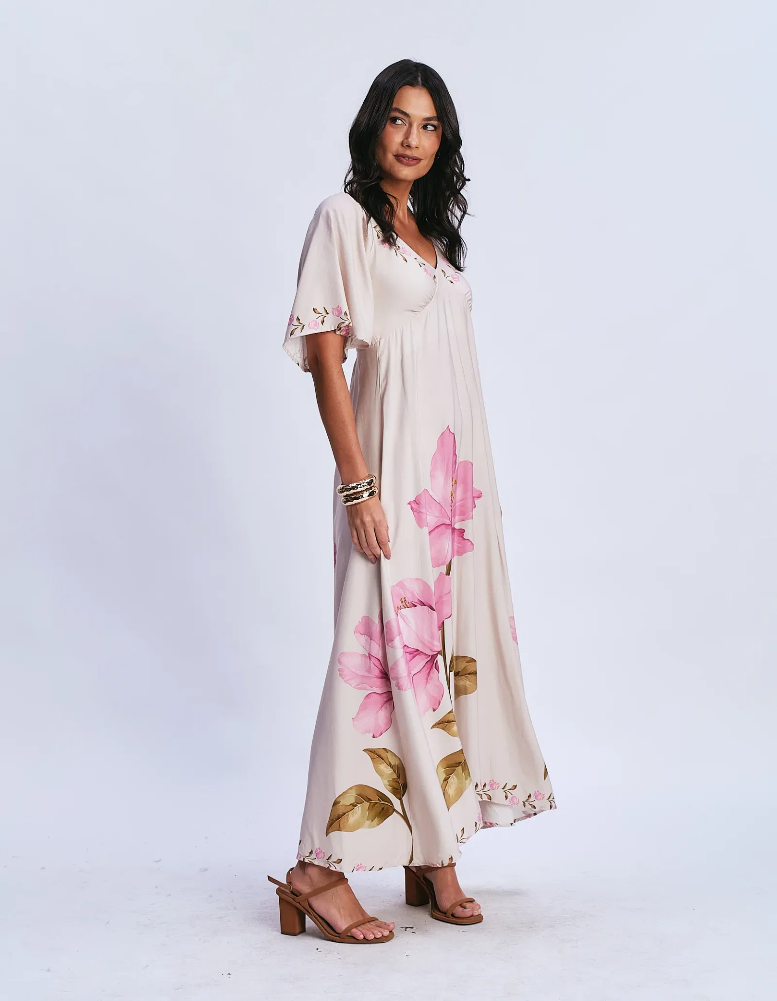 Vestido Longo Estampado Floral Hibisco - Areia — imagem 1