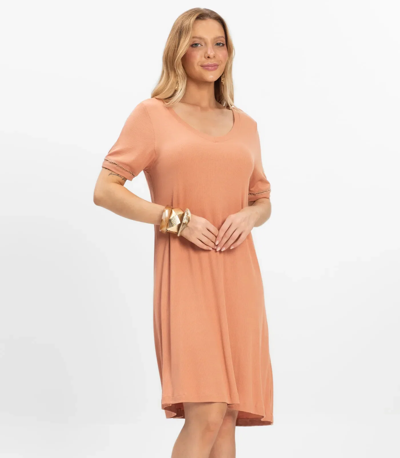 Vestido Curto Feminino Ribana de Viscose Rovitex Marrom
