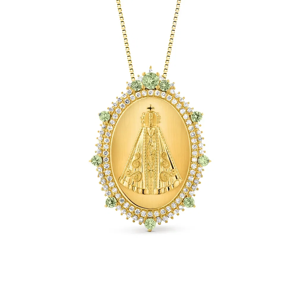 Pingente Virtuosa N.Sra. Aparecida em Ouro Amarelo 18k com Safiras Verde e Diamantes, 30mm