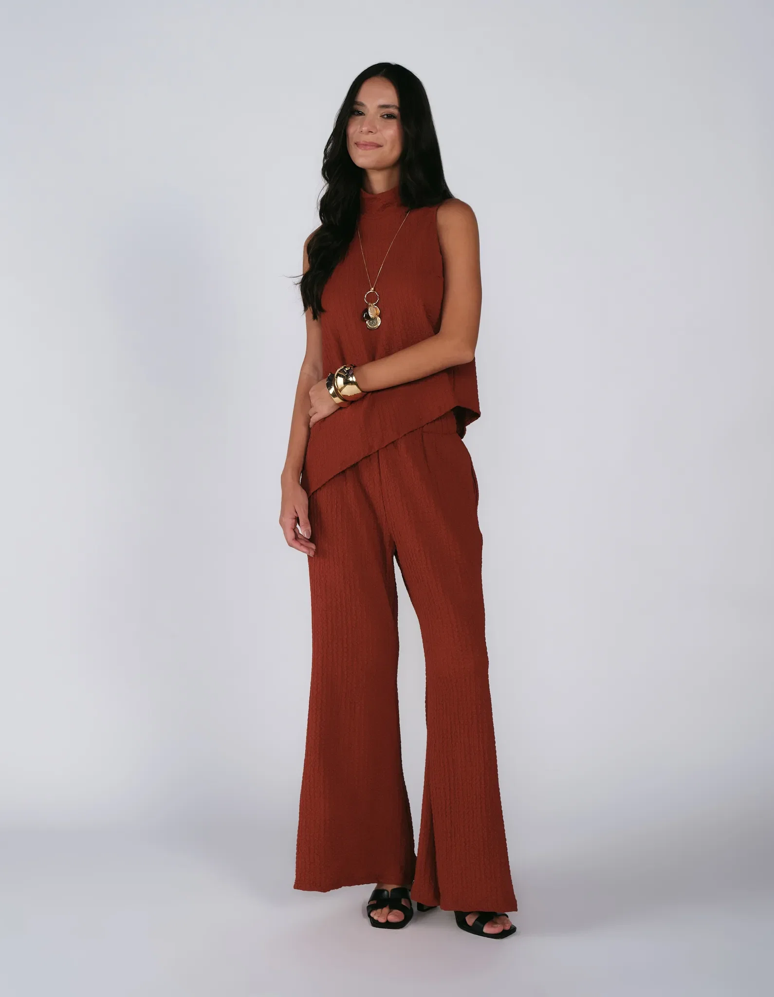 Calça Pantalona Cós Elástico Texturas - Terracota — imagem 1