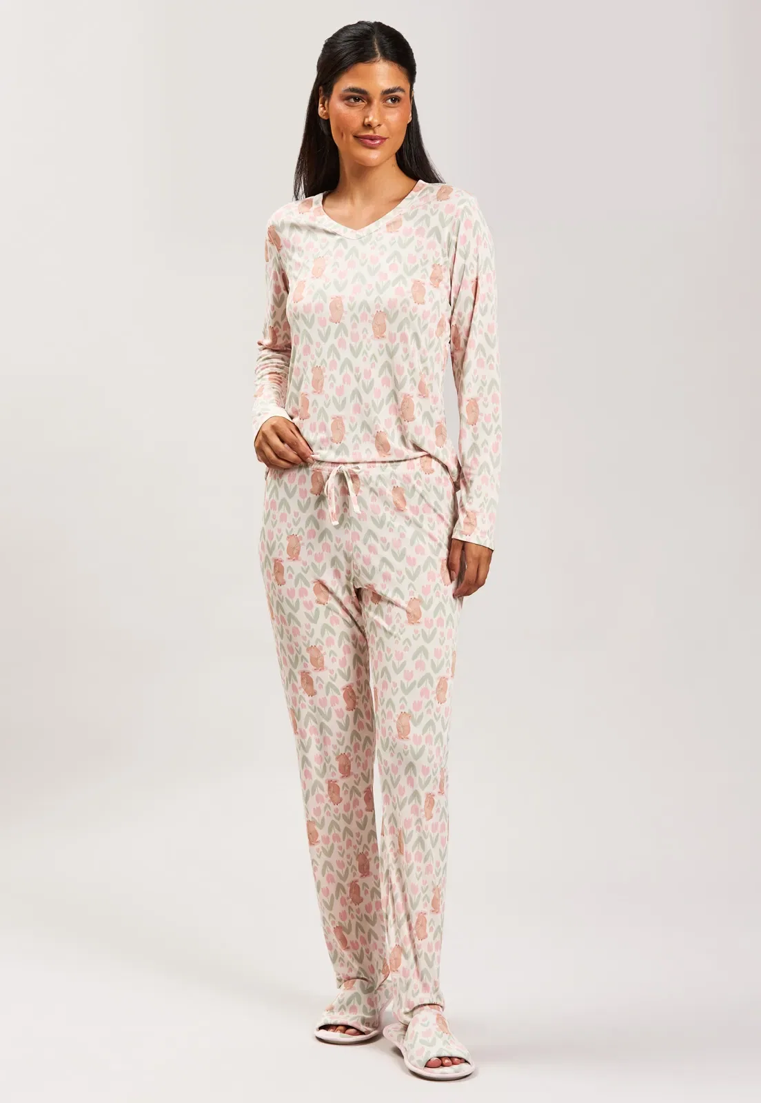 Pijama Longo Com Calça De Microfibra Baunilha