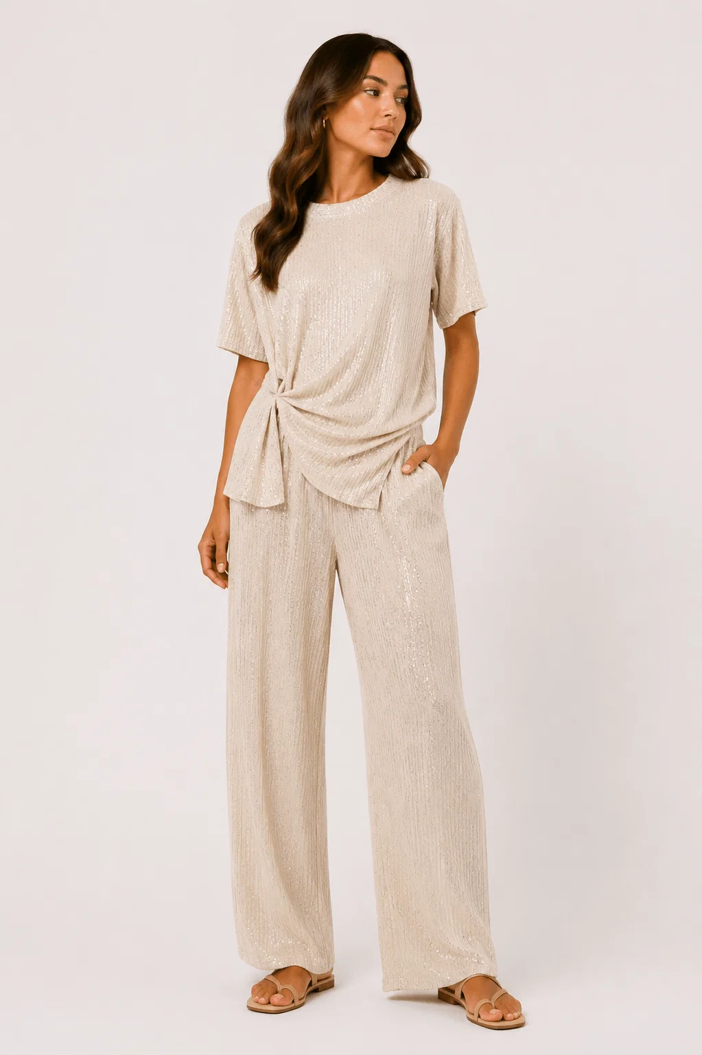 Calça Pantalona Malha Texturizada Brilho - Nude