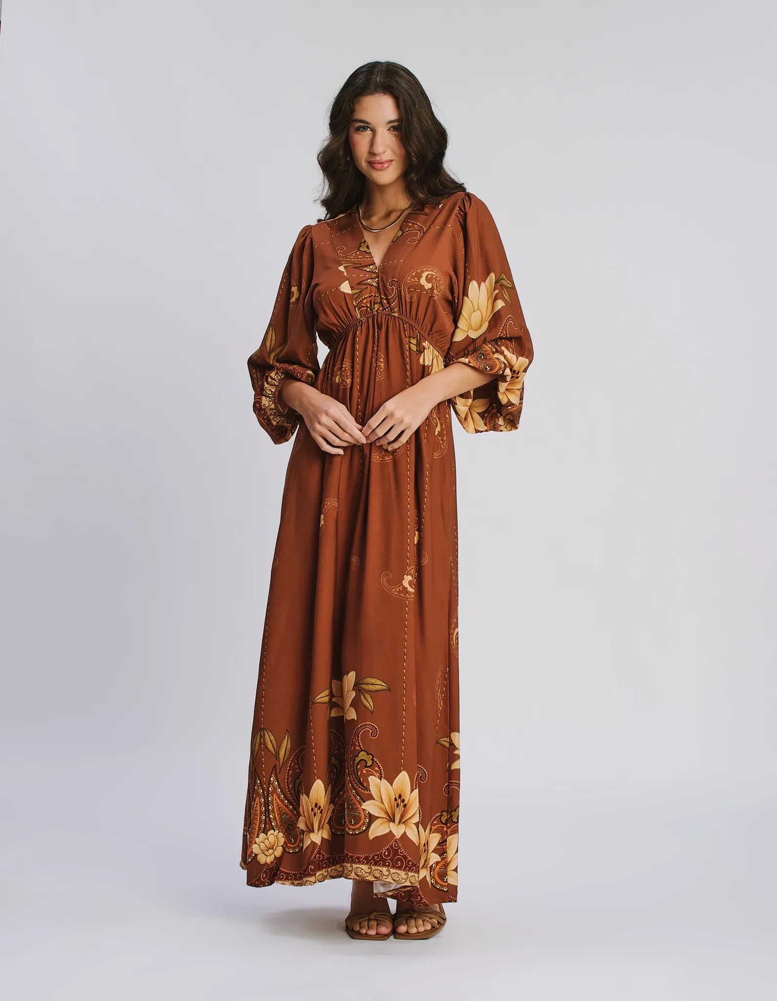 Vestido Longo Estampado Azaleia Manga - Marrom — imagem 1