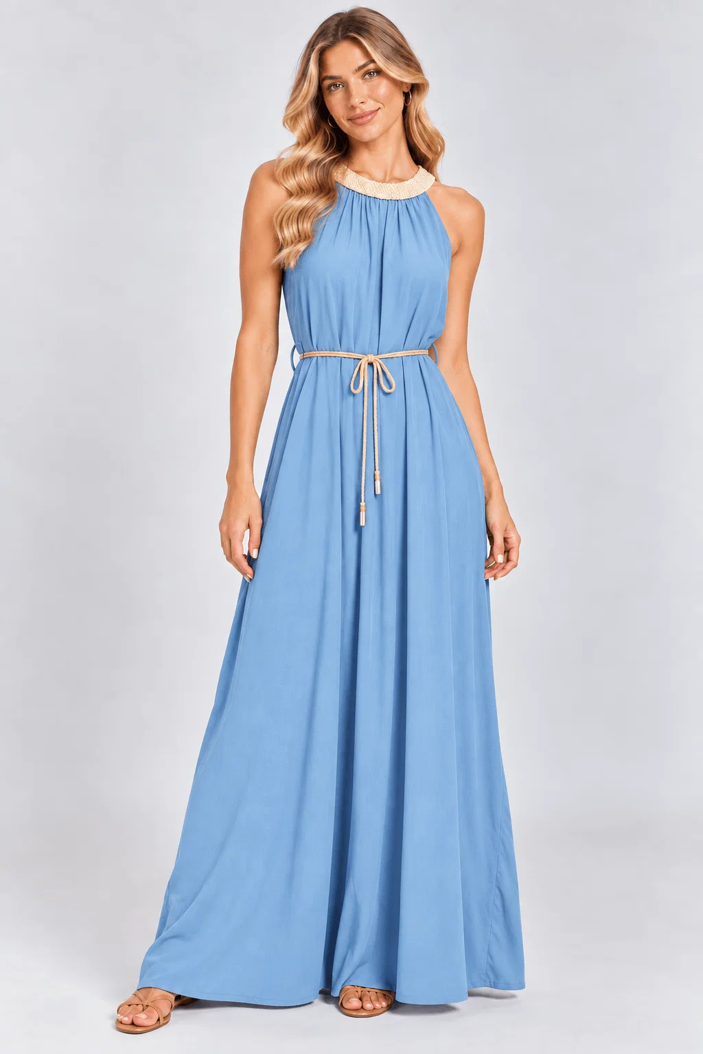Vestido Detalhe Decote Bordado Com Cinto - Azul Claro