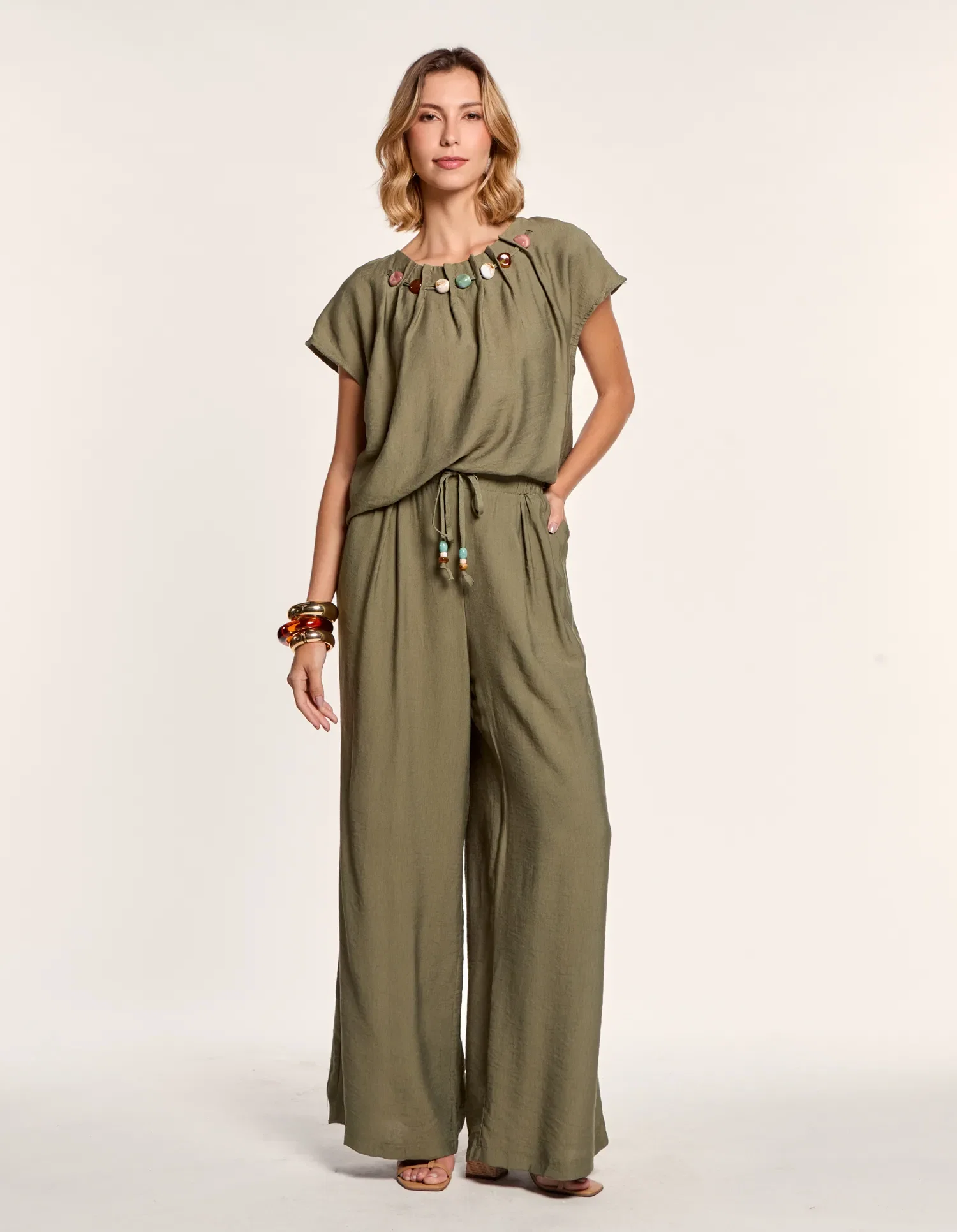 Calça Reta Com Cós Elástico - Verde