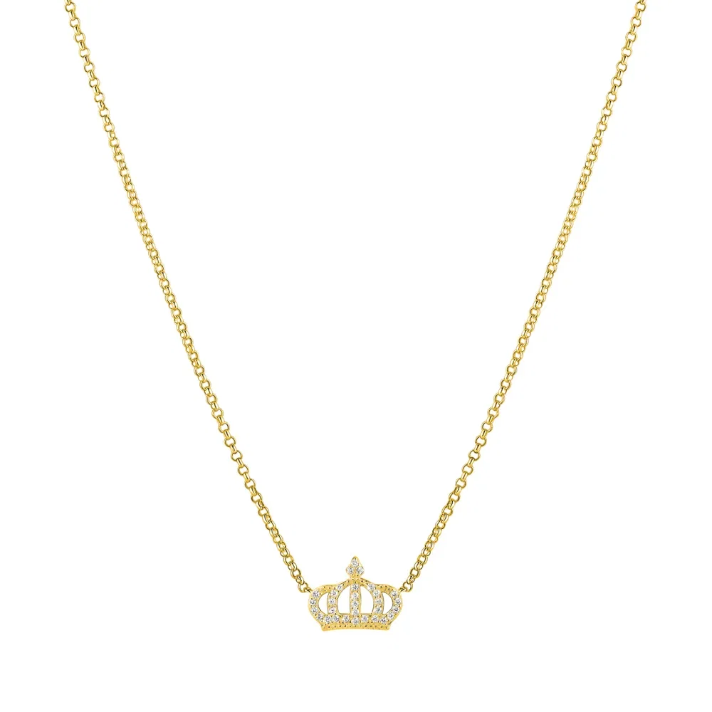 Colar Life Forever Coroa em Prata 925 com Banho de Ouro Amarelo 18k com Pedras Incolores, 45cm