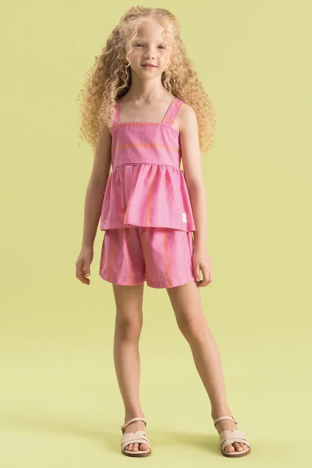 Conjunto Infantil Blusa de Alça e Shorts Listrado em Algodão
