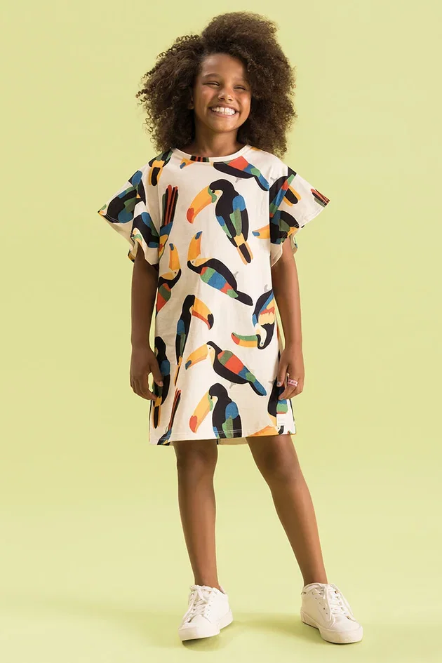 Vestido Infantil Estampado em Malha de Algodão com Modelagem em A