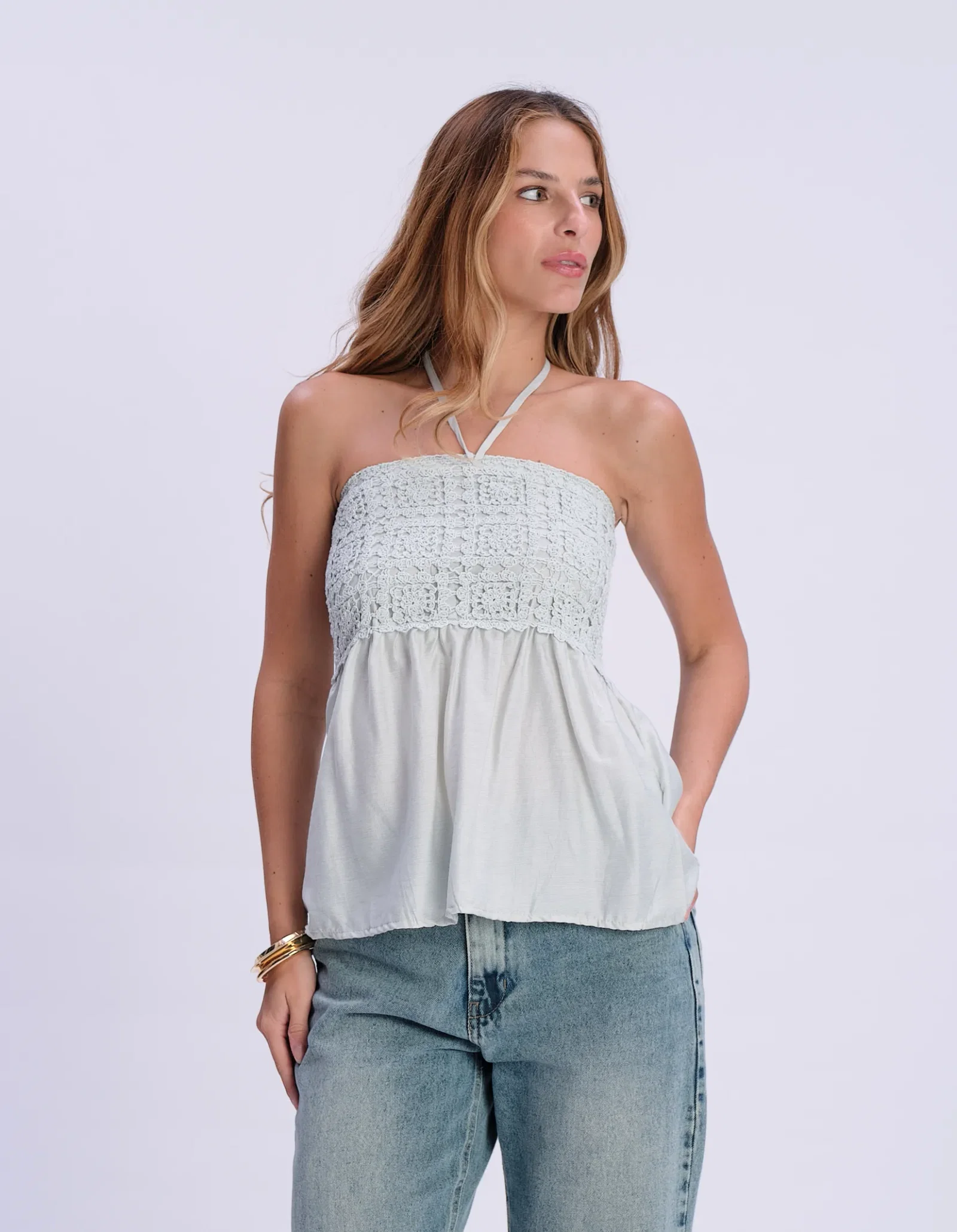 Blusa Frente Única Detalhe Crochê - Verde — imagem 1