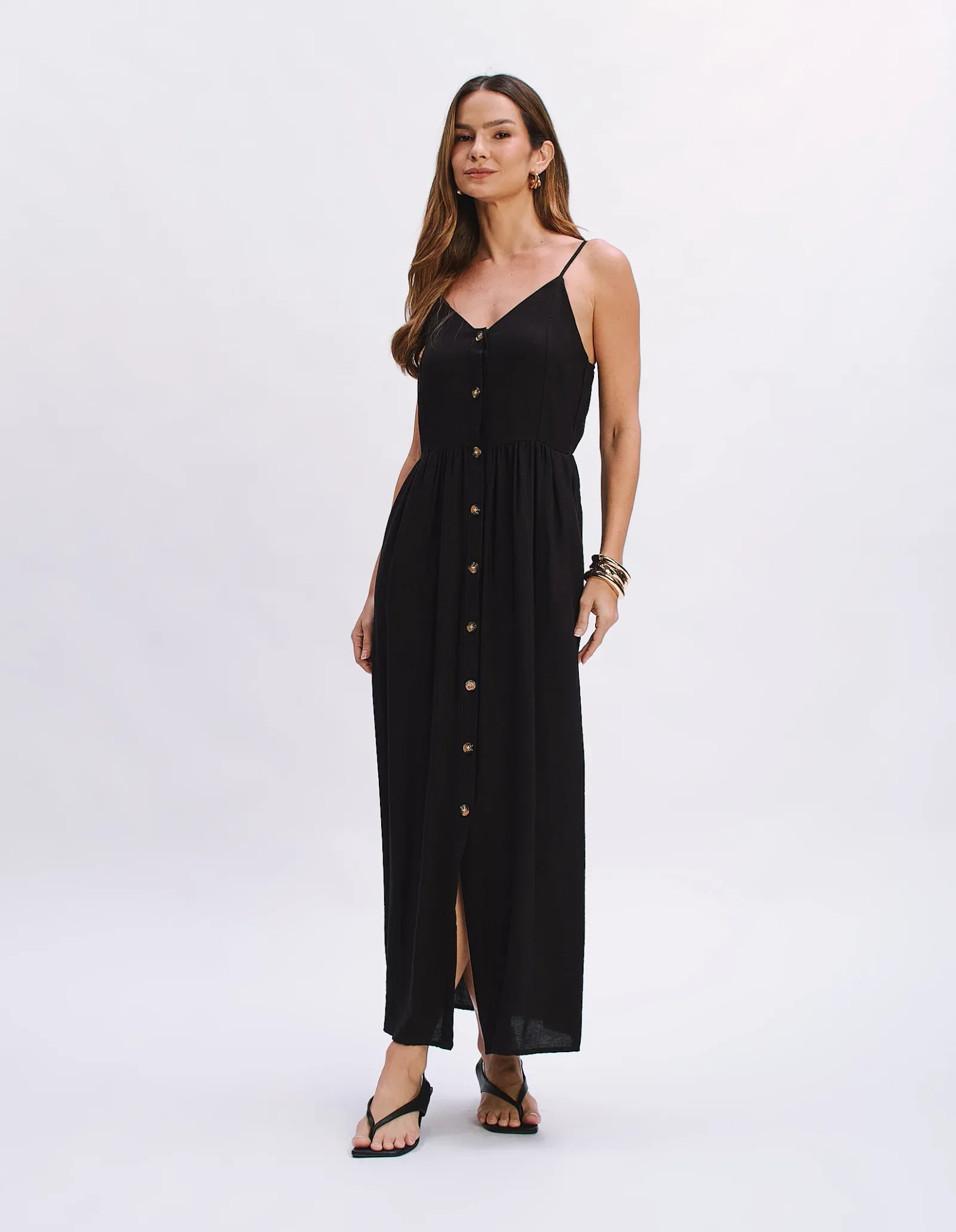 Vestido Longo Alça Fina Com Botões - Preto — imagem 1