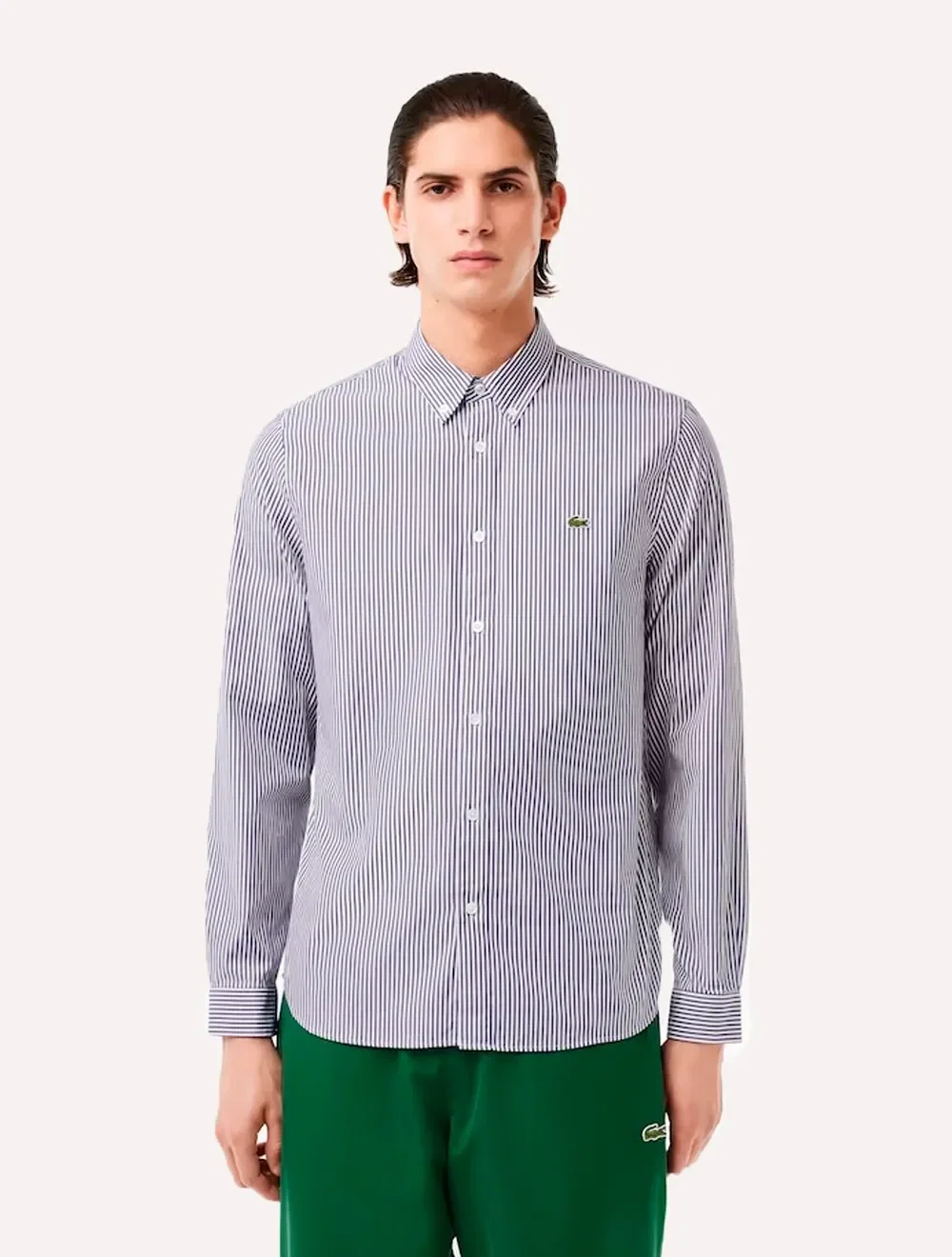 Camisa Lacoste Masculina Regular Striped Cotton Azul Marinho / Branca