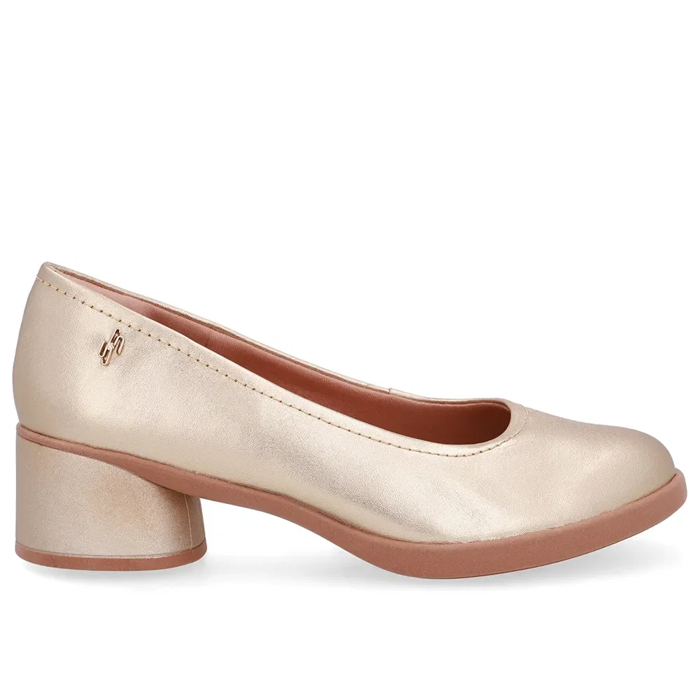 Scarpin Dourado Couro Salto Bloco