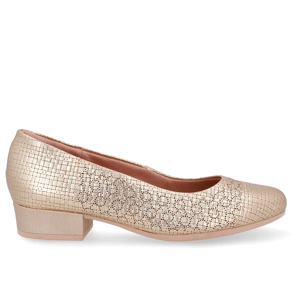 Scarpin Couro Laser Dourado Salto Bloco