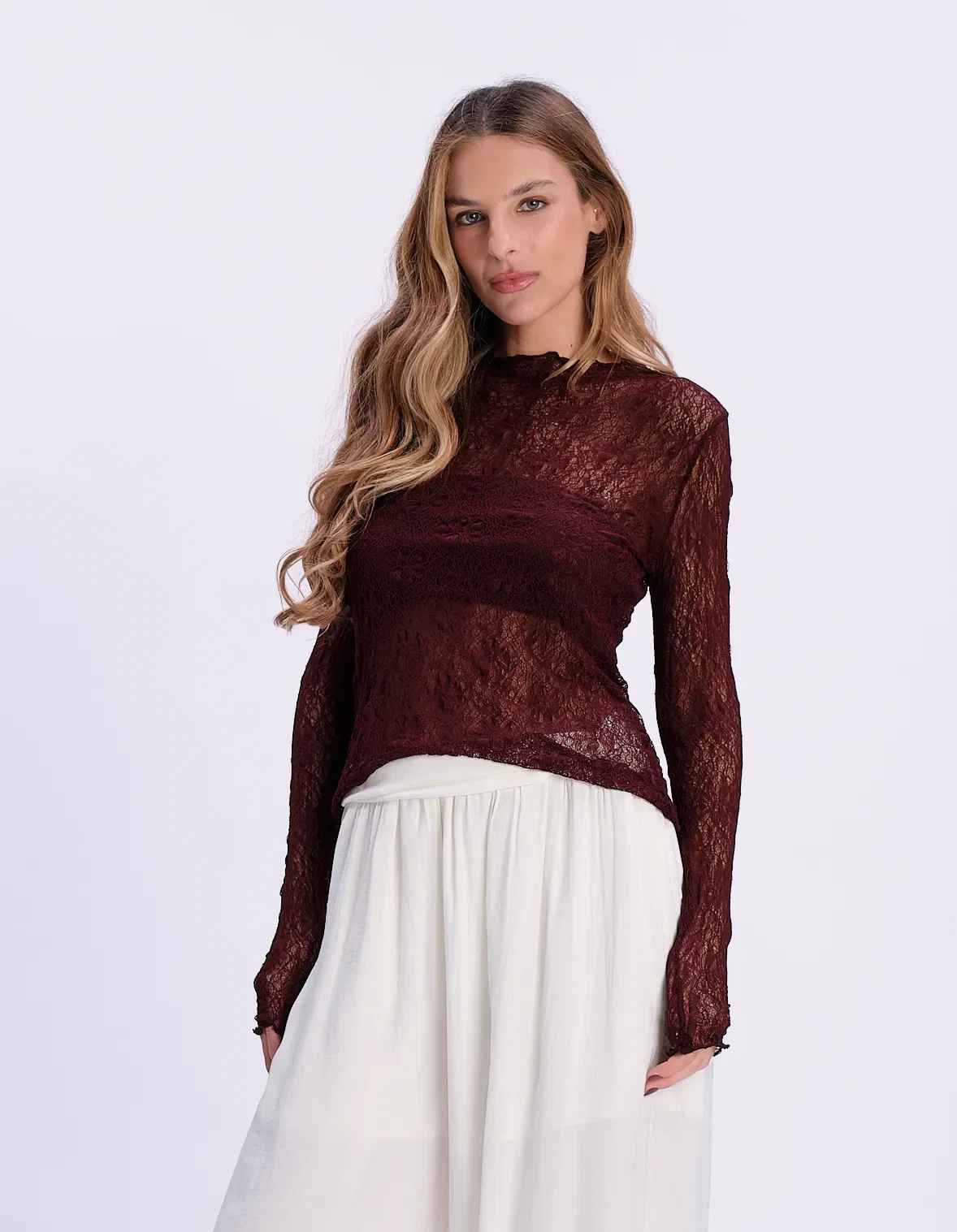 Blusa Manga Longa Renda - Vinho