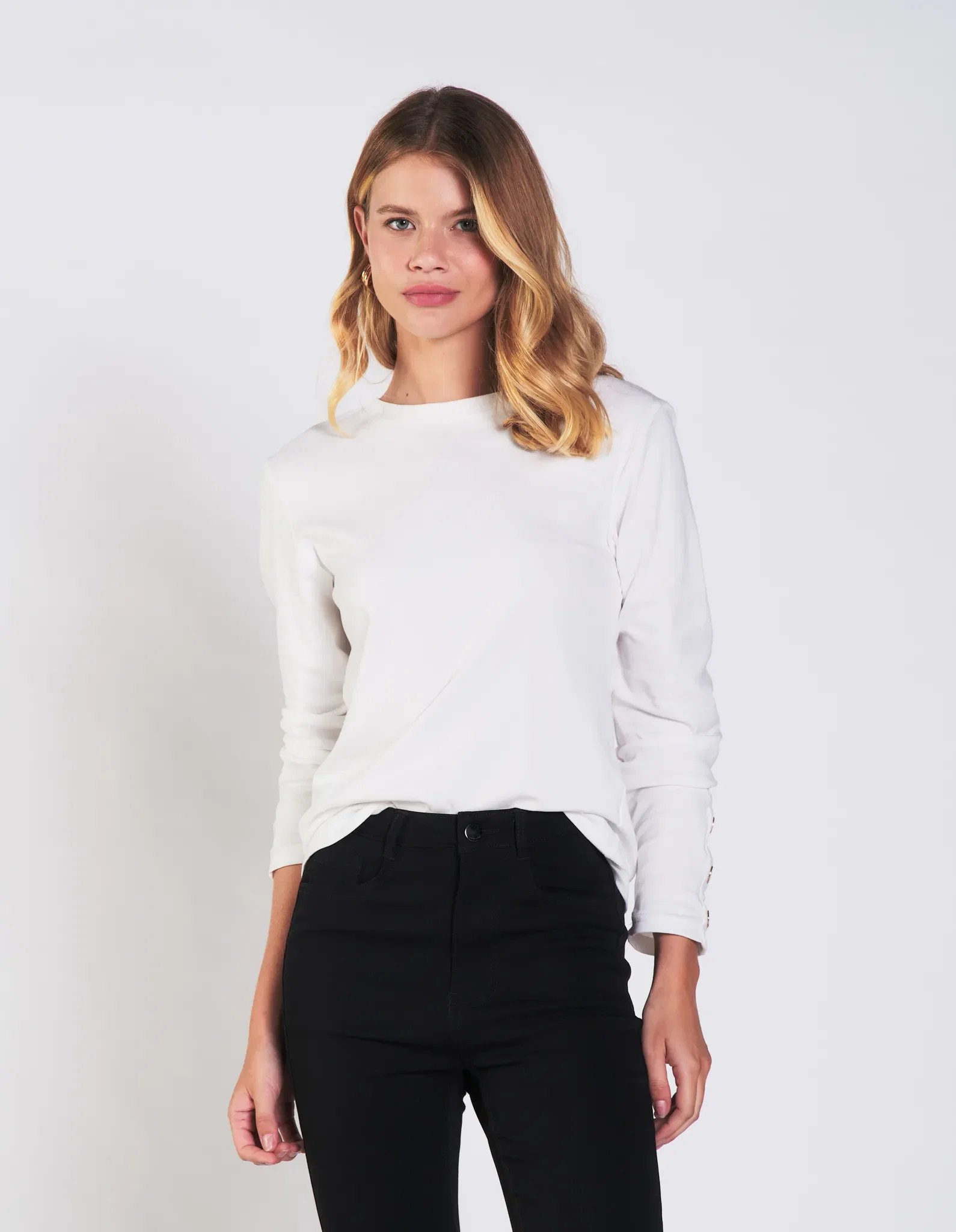 Blusa Manga Longa Com Botões - Branco