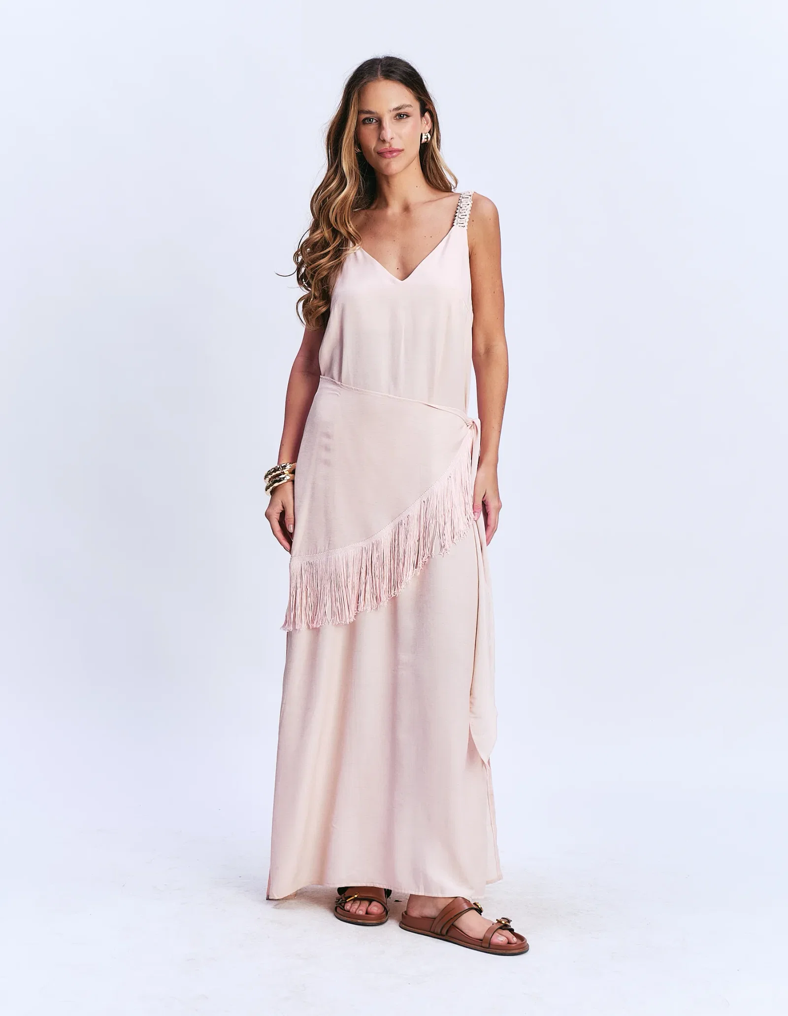 Vestido Longo Com Lenço Franja - Rosa — imagem 1