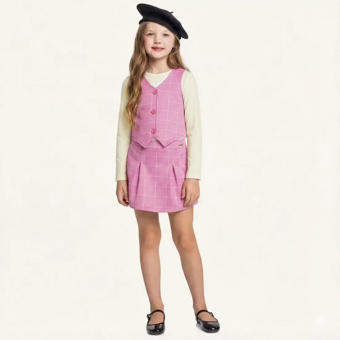 Conjunto blusa manga longa em meia malha e colete, short-saia em moletom molinê