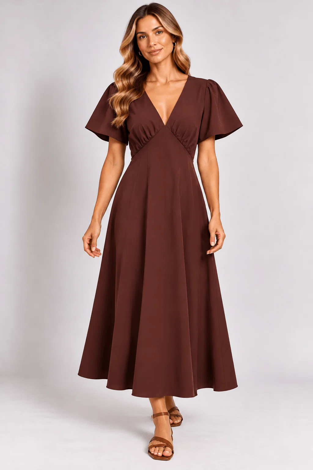 Vestido Midi Decote v - Marrom