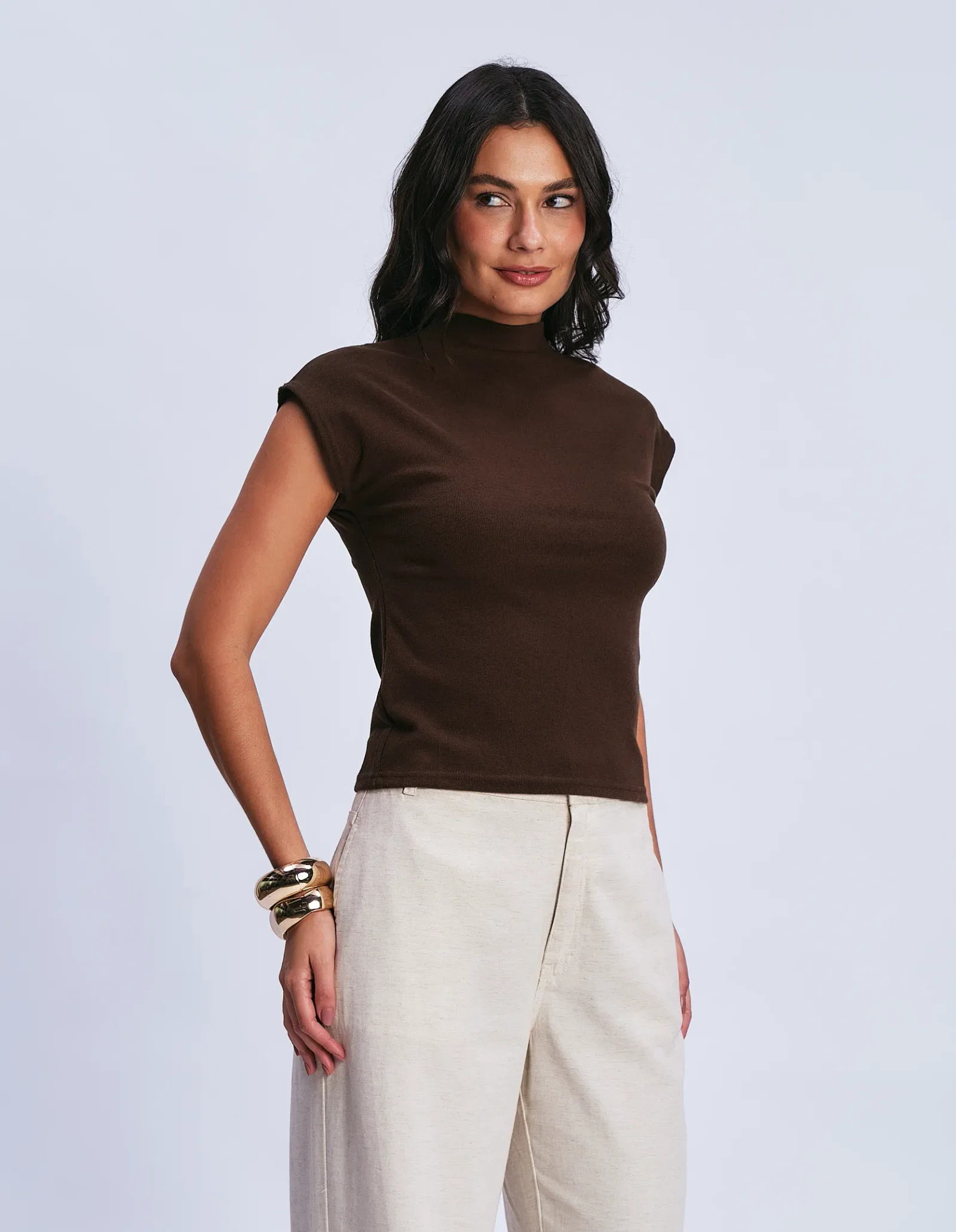 Blusa Gola Alta Sem Manga - Marrom — imagem 1