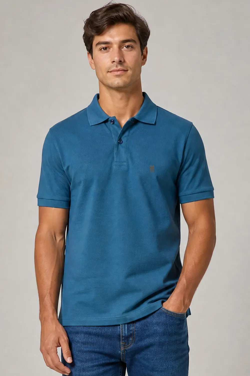Polo Piquet Lisa Com Botão Polo Wear Azul Petróleo