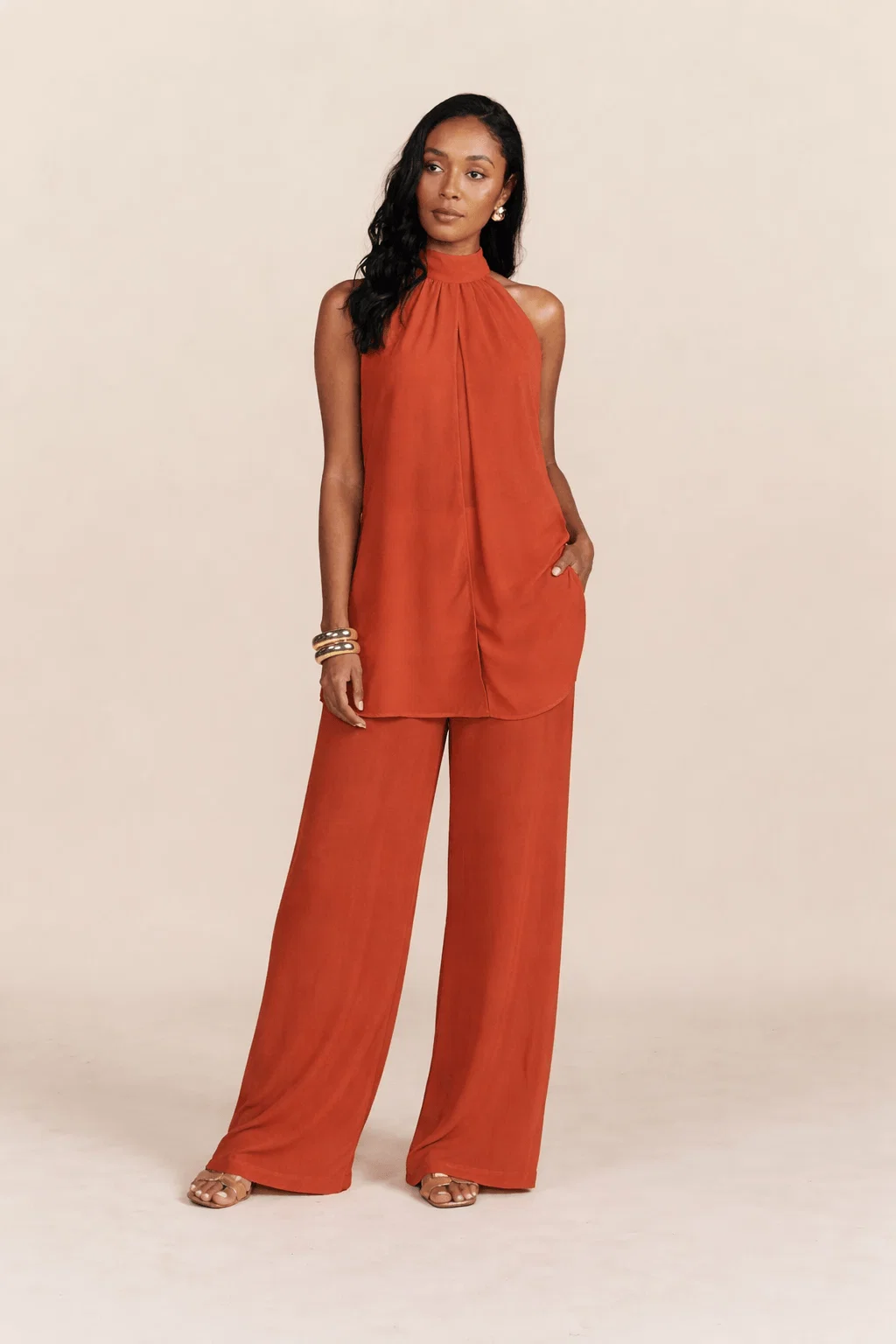 Calça Pantalona Com Transparência - Terracota — imagem 1
