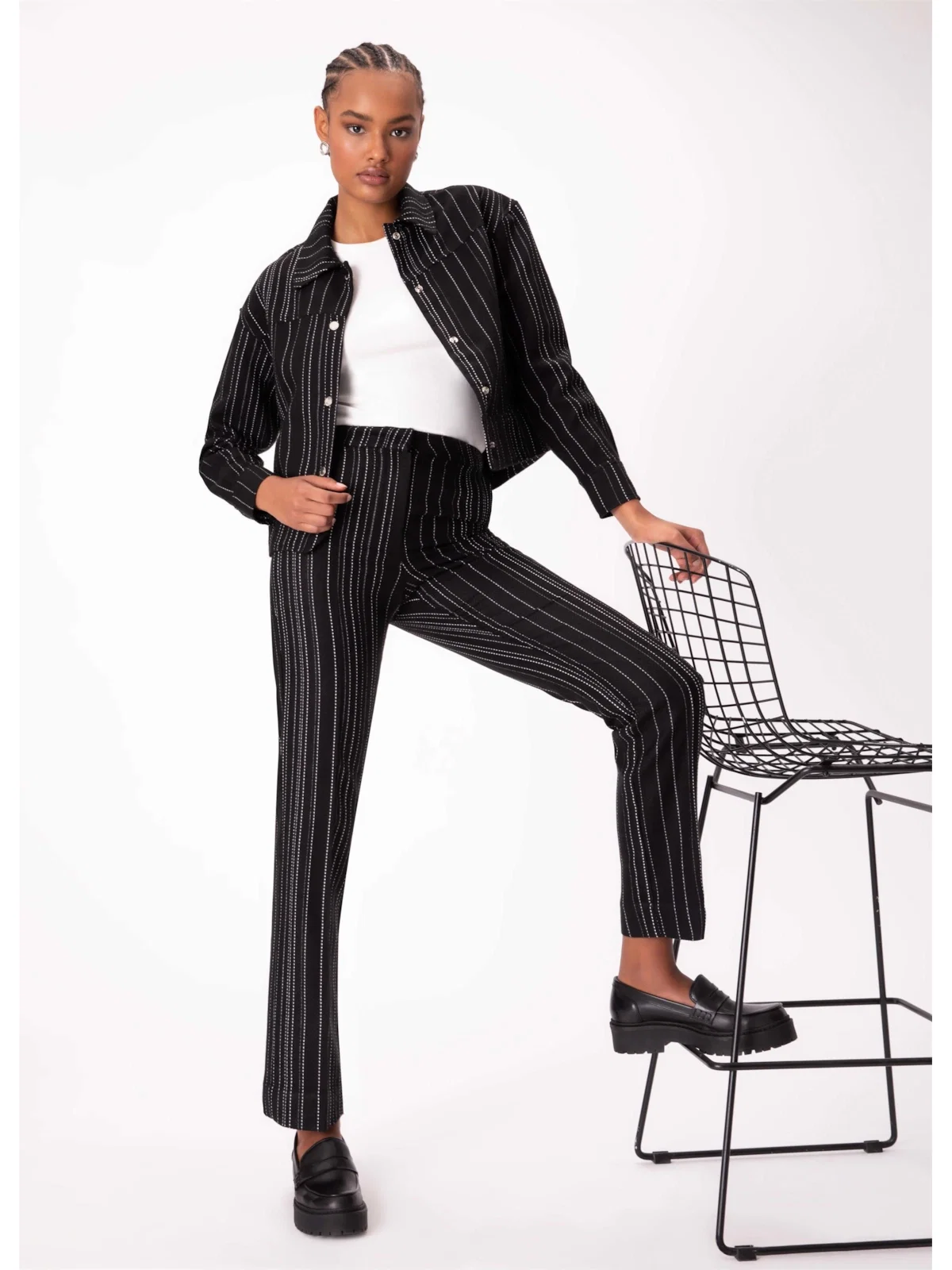 Calça Tweed Stripes Reta Preto