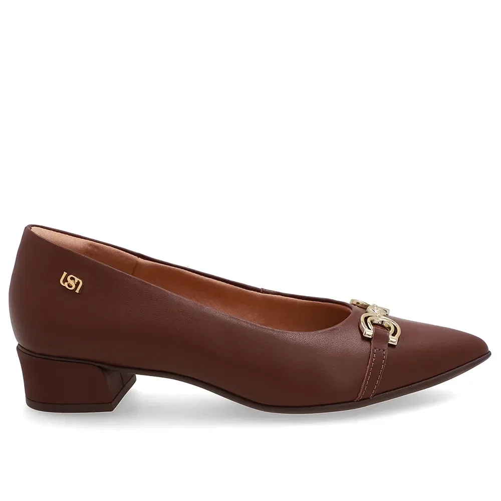 Scarpin Em Couro Marrom Anis Bico Fino Com Enfeite — imagem 1