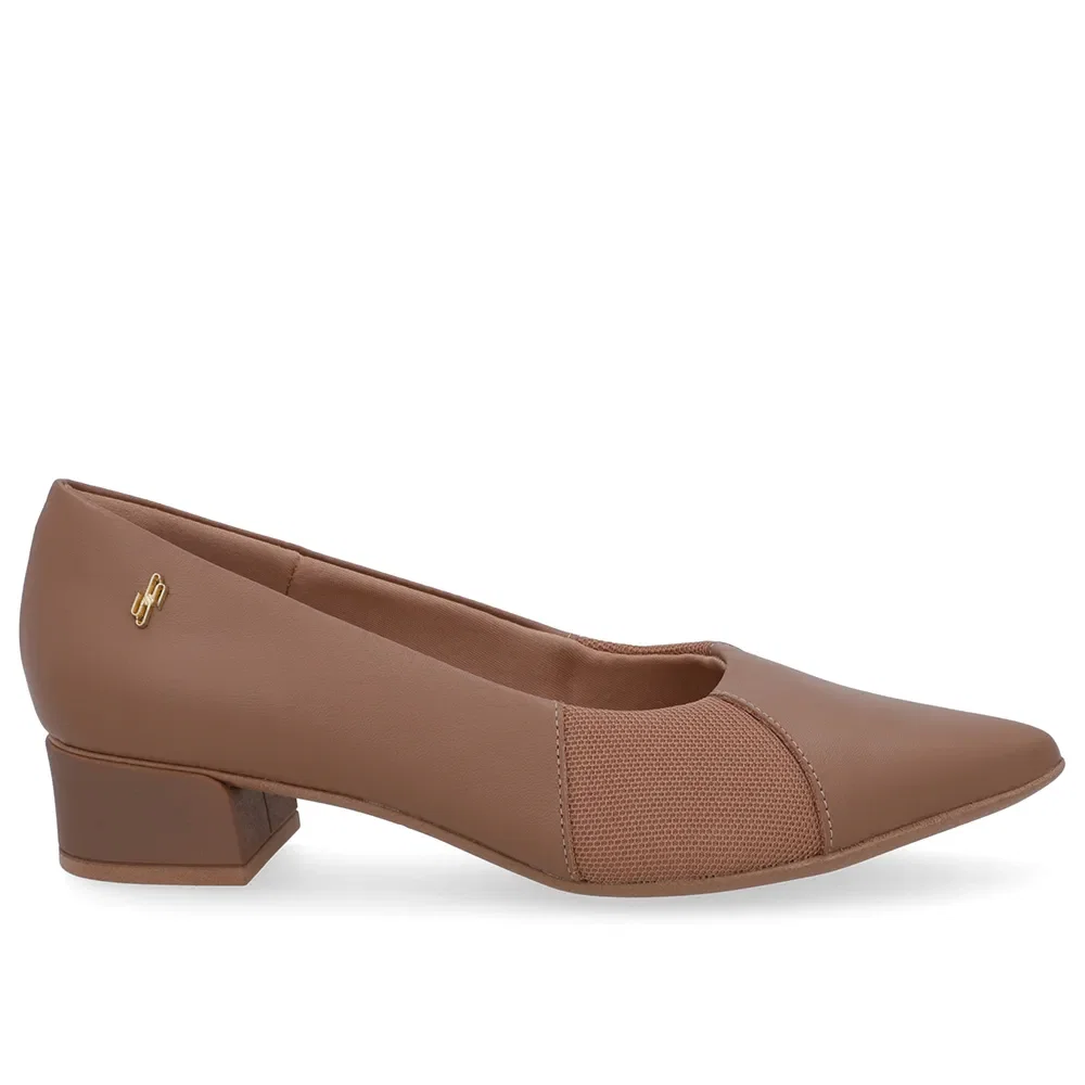 Scarpin Marrom Camel Couro Bico Fino Lateral Tecido — imagem 1