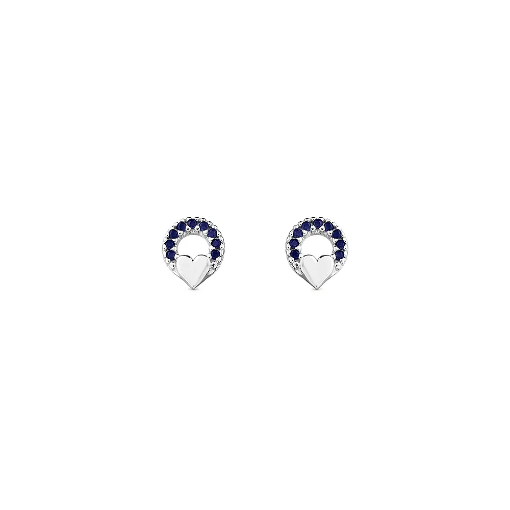 Brinco Baby Coração Ouro Branco 18k com Safiras Azul