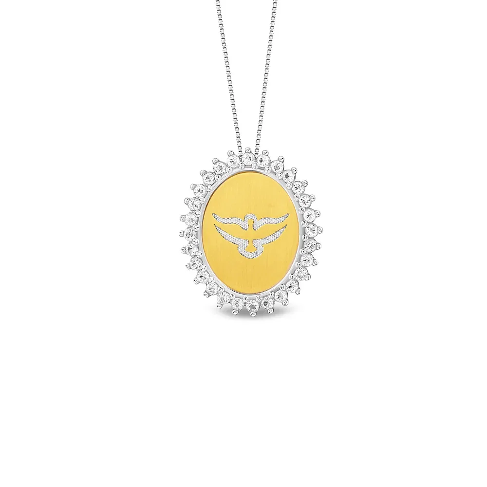 Pingente Medalha Espirito Santo em Prata 925 e Ouro Amarelo 18k com Topázios Incolores, 20mm — imagem 1